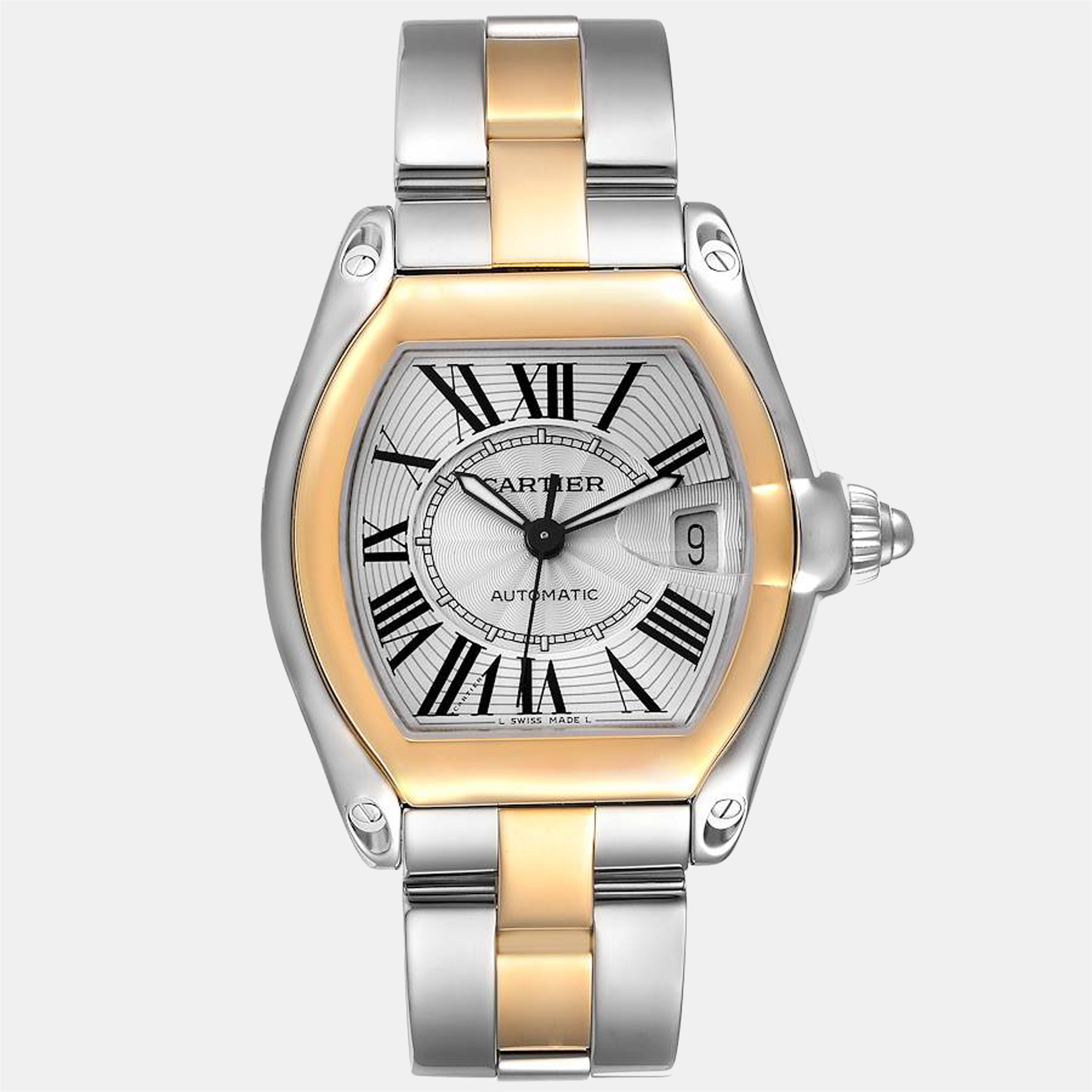 Pre-owned Cartier Silver 18k Yellow Gold And Stainess Steel Roadster W62031y4 Men's Wristwatch 42 Mm