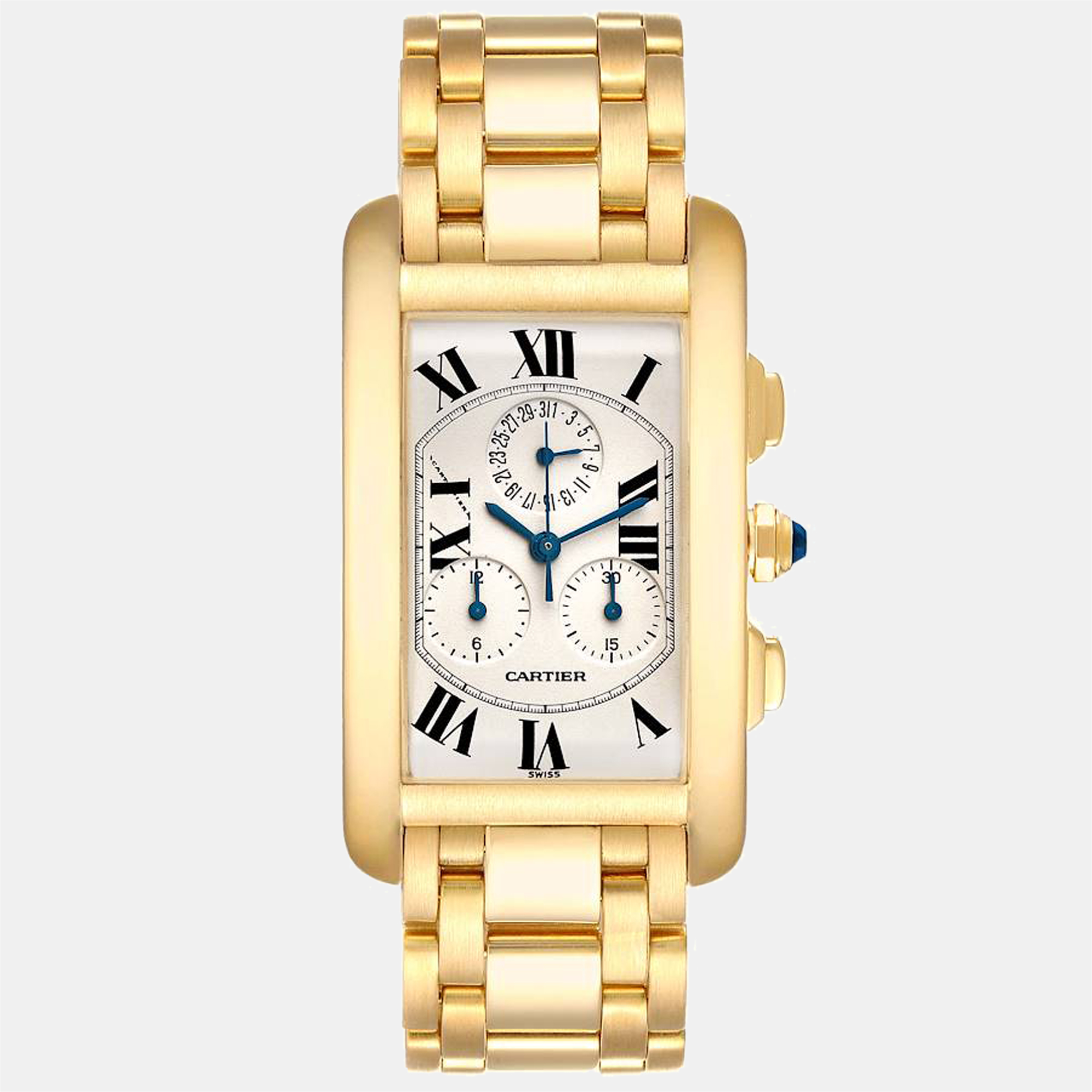 Pre-owned Cartier Silver 18k Yellow Gold Tank Americaine Chronograph W2601156 Men's Wristwatch 27 Mm