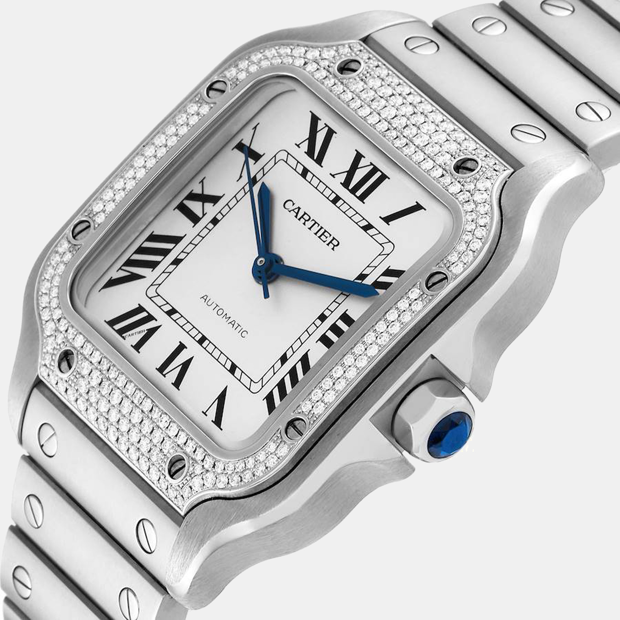 

Cartier Silver Diamonds Stainless Steel Santos W4SA0005 Automatic Men's Wristwatch 35 mm