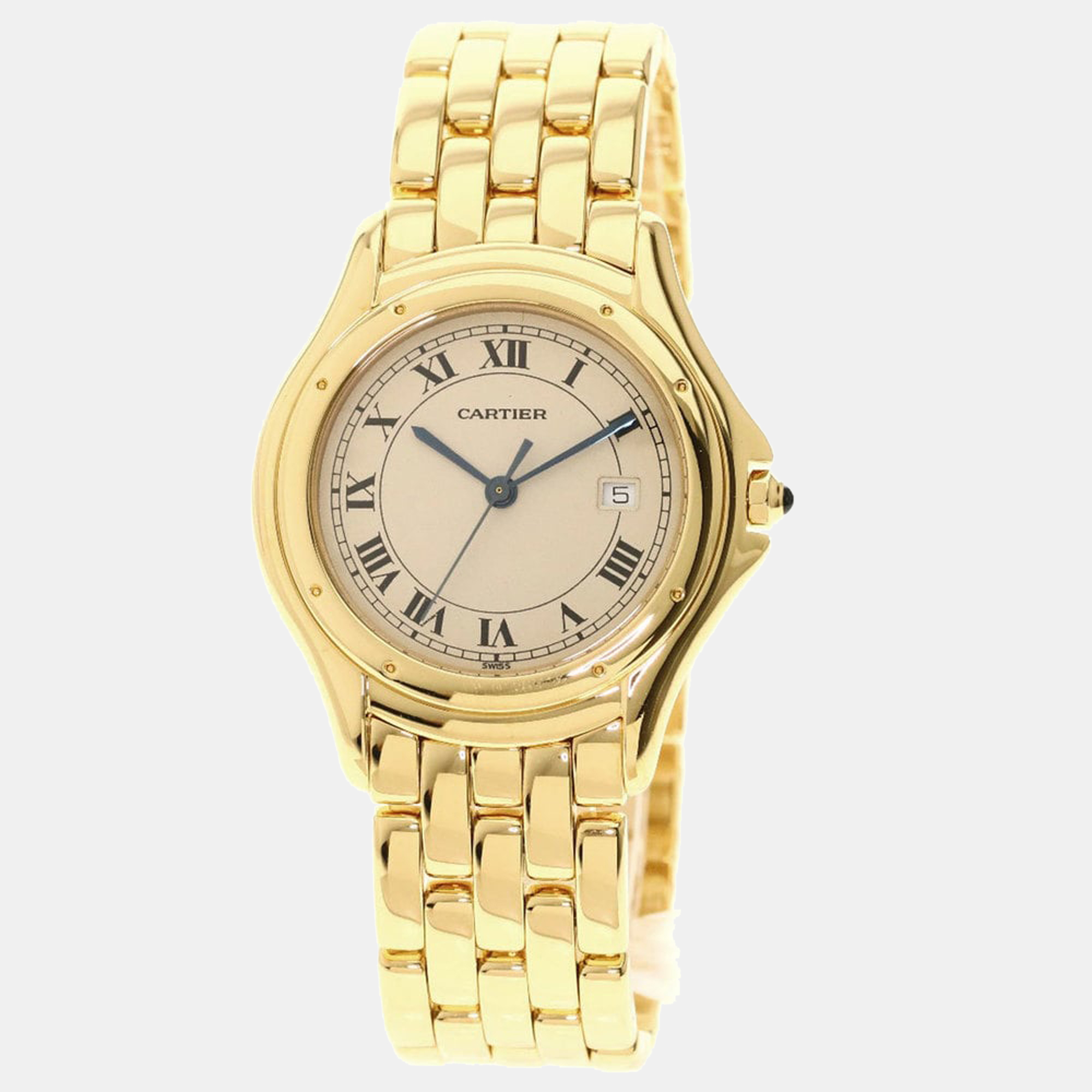 Pre-owned Cartier White 18k Yellow Gold Cougar Men's Wristwatch 32 Mm