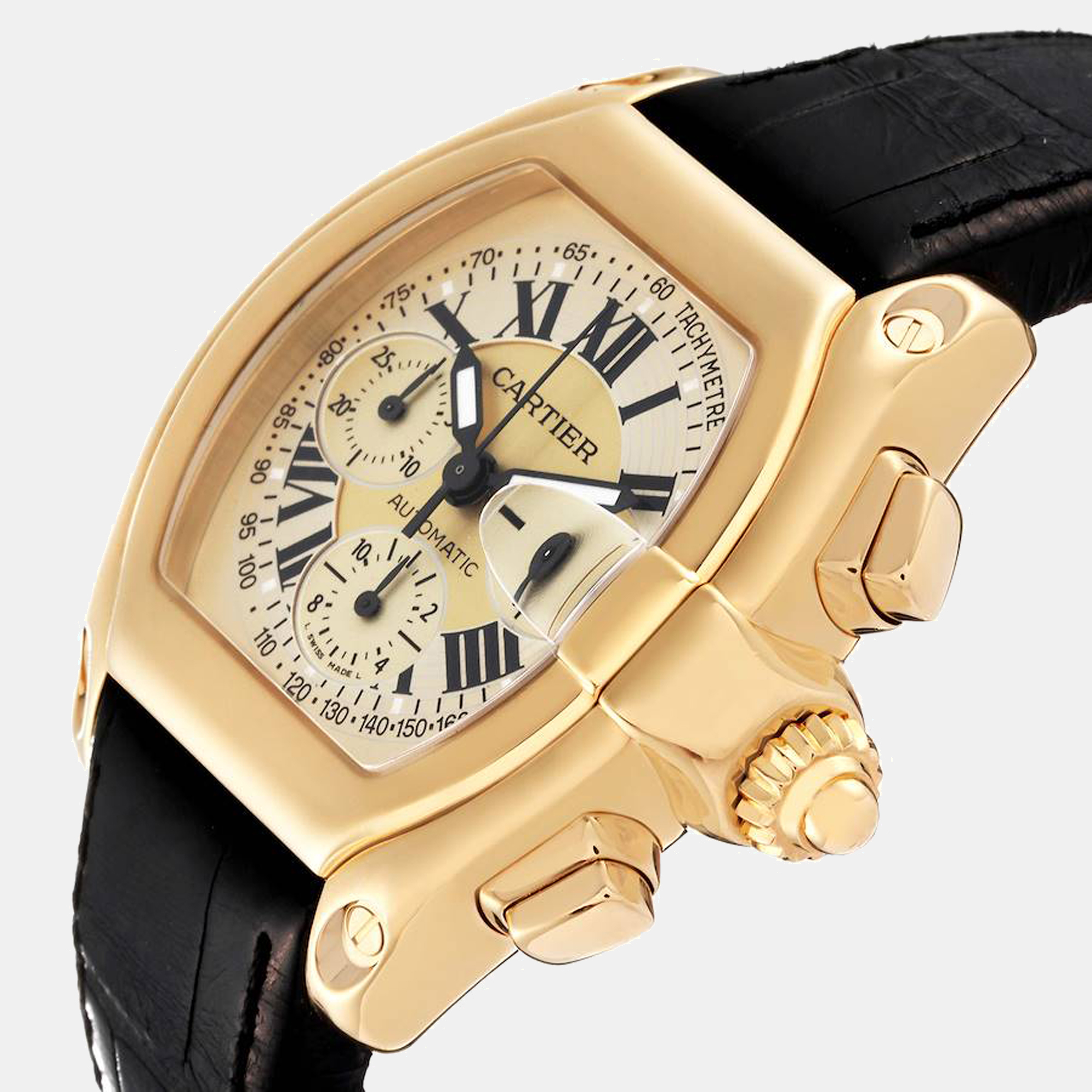 

Cartier Roadster Chronograph Yellow Gold Black Strap Men's Watch W62021Y3