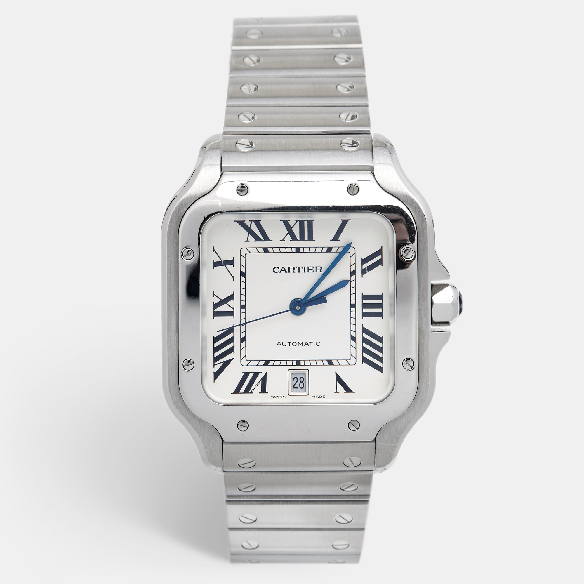 Pre-owned Cartier Steel Santos 39.8 Mm Watch In White