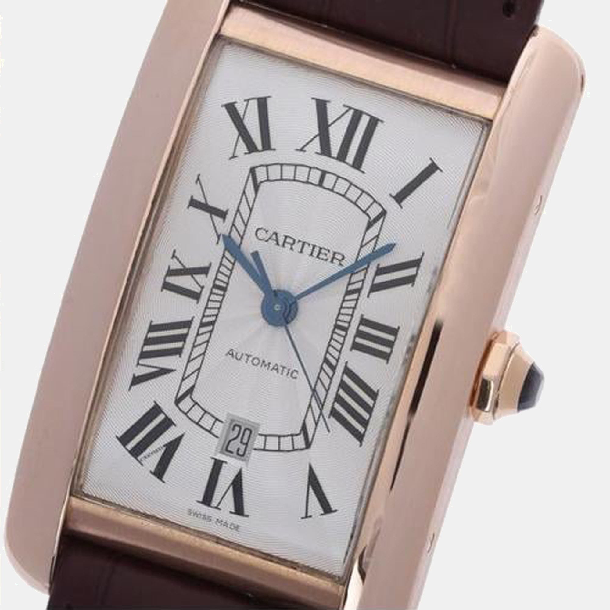 

Cartier Silver and Brown 18K Rose Gold and Leather Tank Americaine W2609856 Automatic Men's Wristwatch