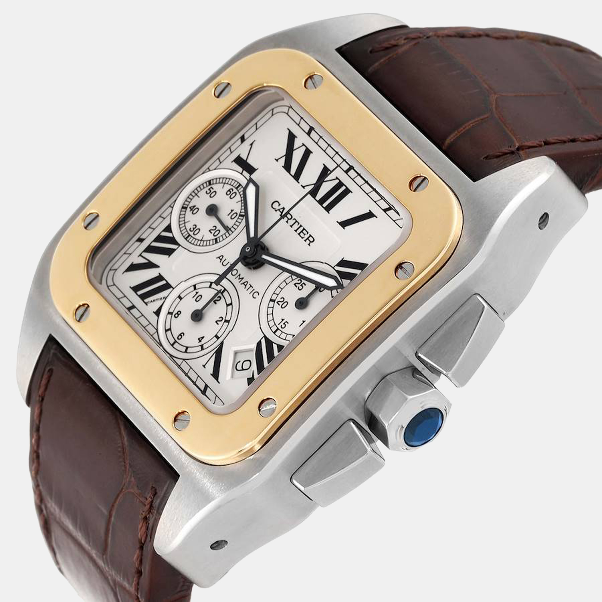 

Cartier Santos 100 Steel Yellow Gold Chronograph Mens Watch W20091X7, Silver