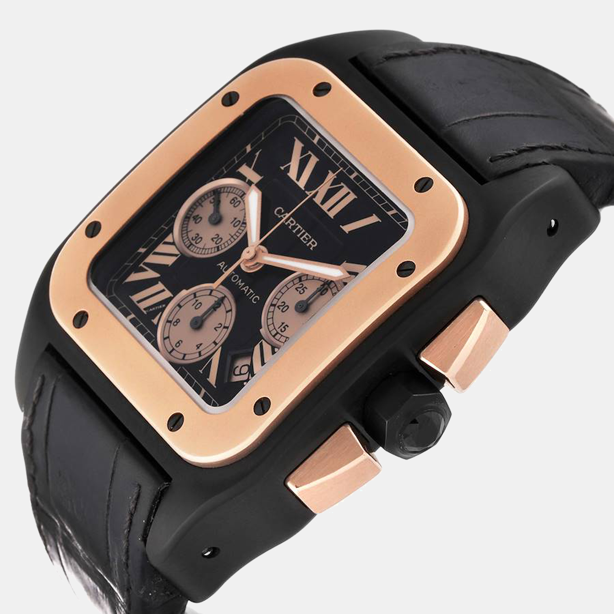 

Cartier Santos 100  Carbon Rose Gold Chronograph Watch W2020004, Black