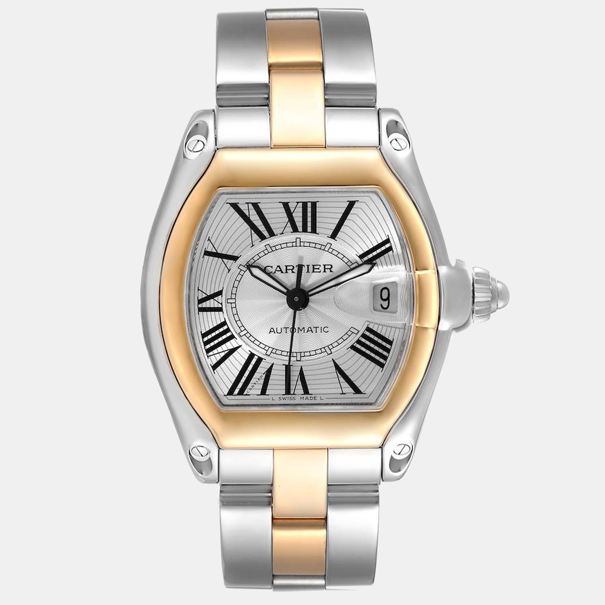 Pre-owned Cartier Roadster Steel Yellow Gold Silver Dial Mens Watch W62031y4
