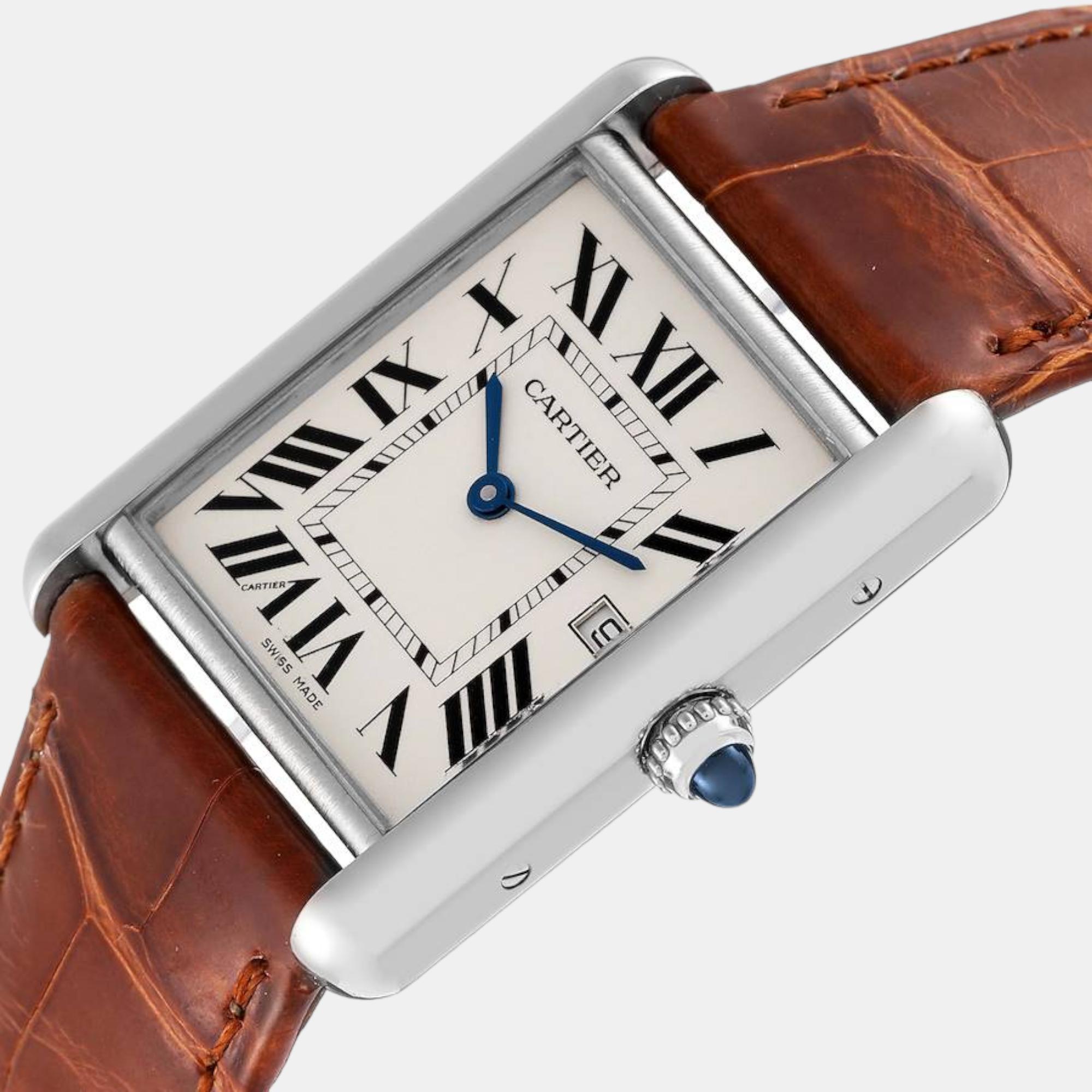 

Cartier Tank Louis Large White Gold Brown Strap Mens Watch W1540956, Silver