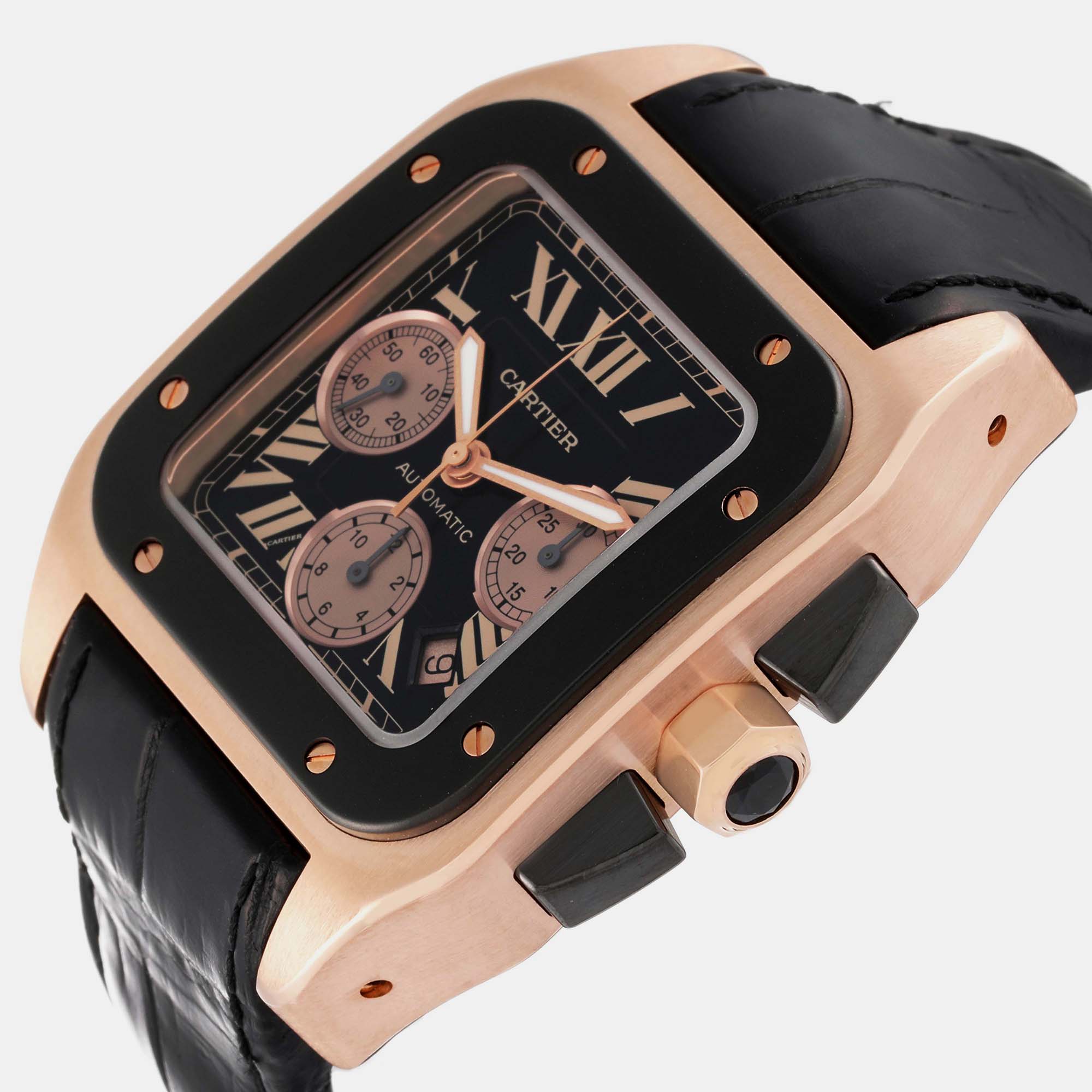 

Cartier Santos 100  Rose Gold Chronograph Men's Watch W2020003 54.9 mm x 46.55 mm, Black