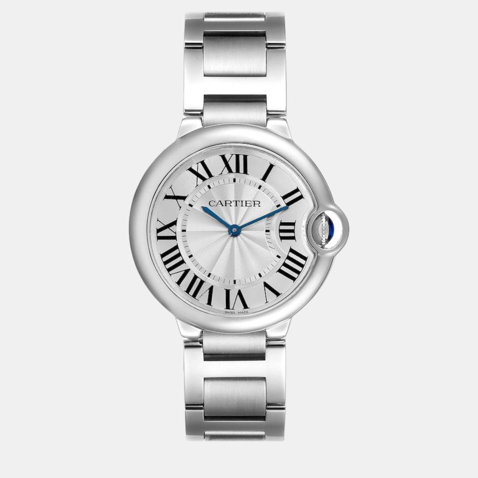 Pre-owned Cartier Ballon Bleu Silver Guilloche Dial Steel Men's Watch W69011z4 36 Mm