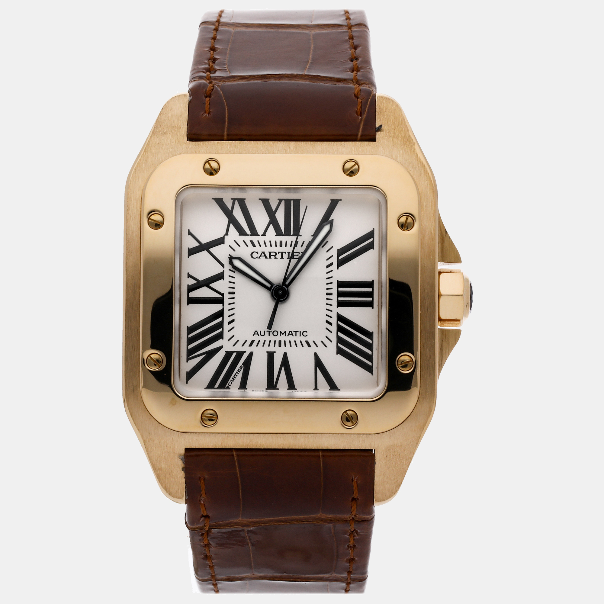 Pre-owned Cartier Silver 18k Yellow Gold Santos W20071y1 Men's Wristwatch 38 Mm