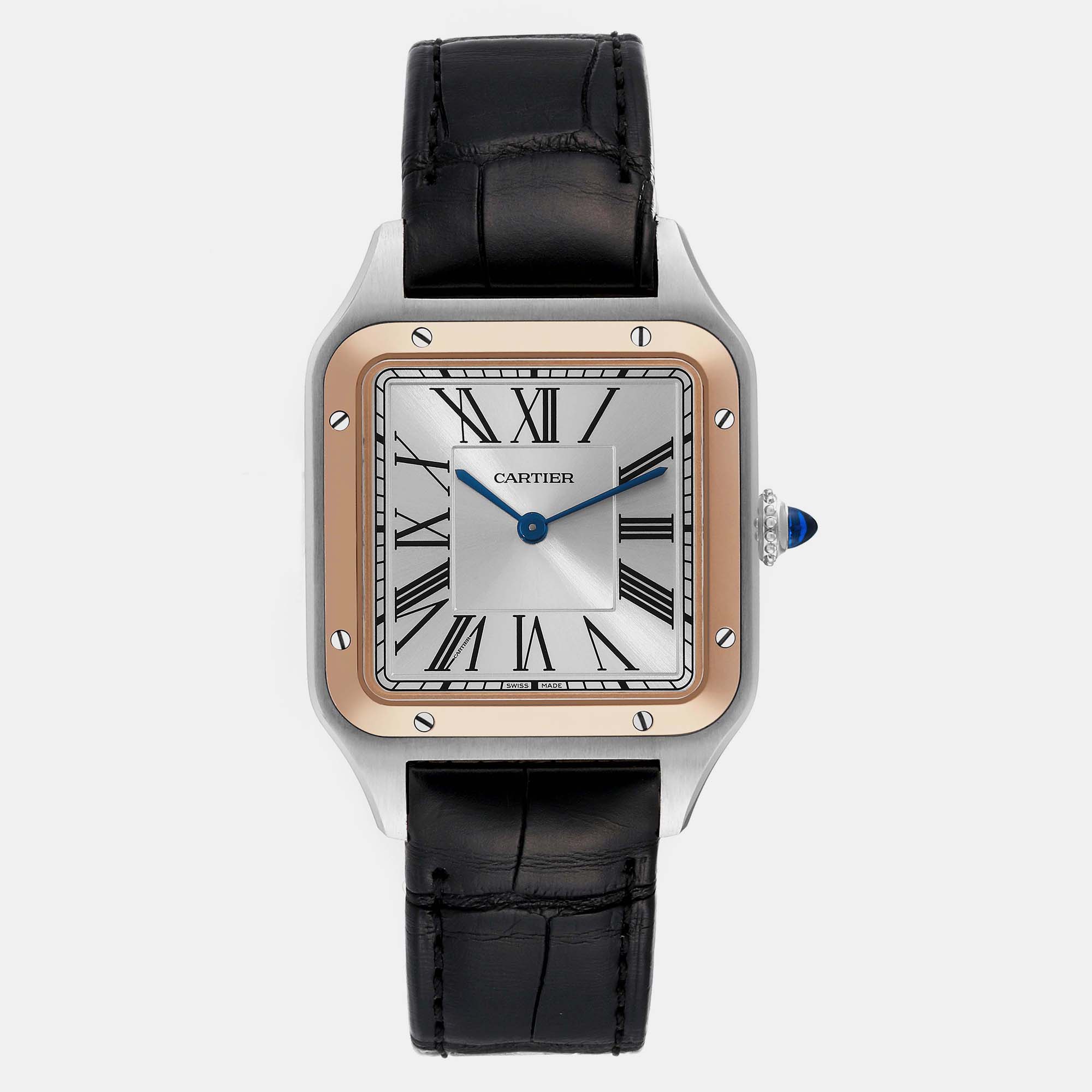 Pre-owned Cartier Santos Dumont Large Steel Rose Gold Mens Watch W2sa0011 43.5 Mm X 31.4 Mm In Silver