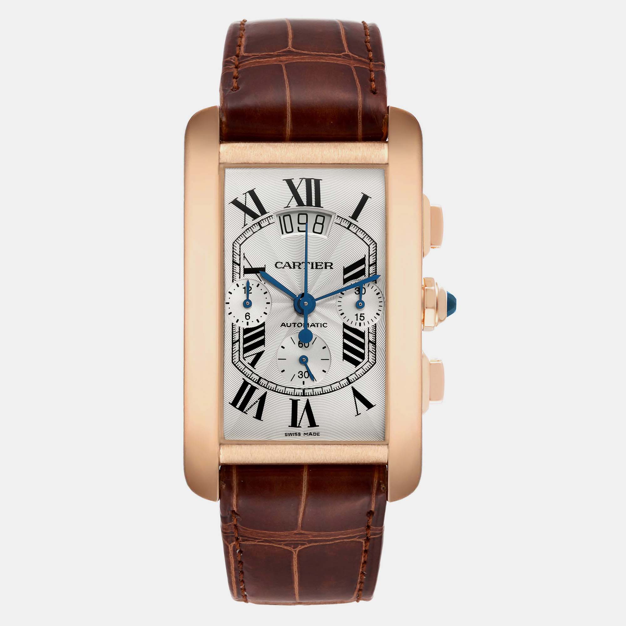 Pre-owned Cartier Tank Americaine Xl Chronograph Rose Gold Men's Watch W2610751 52 X 31.1 Mm In Silver