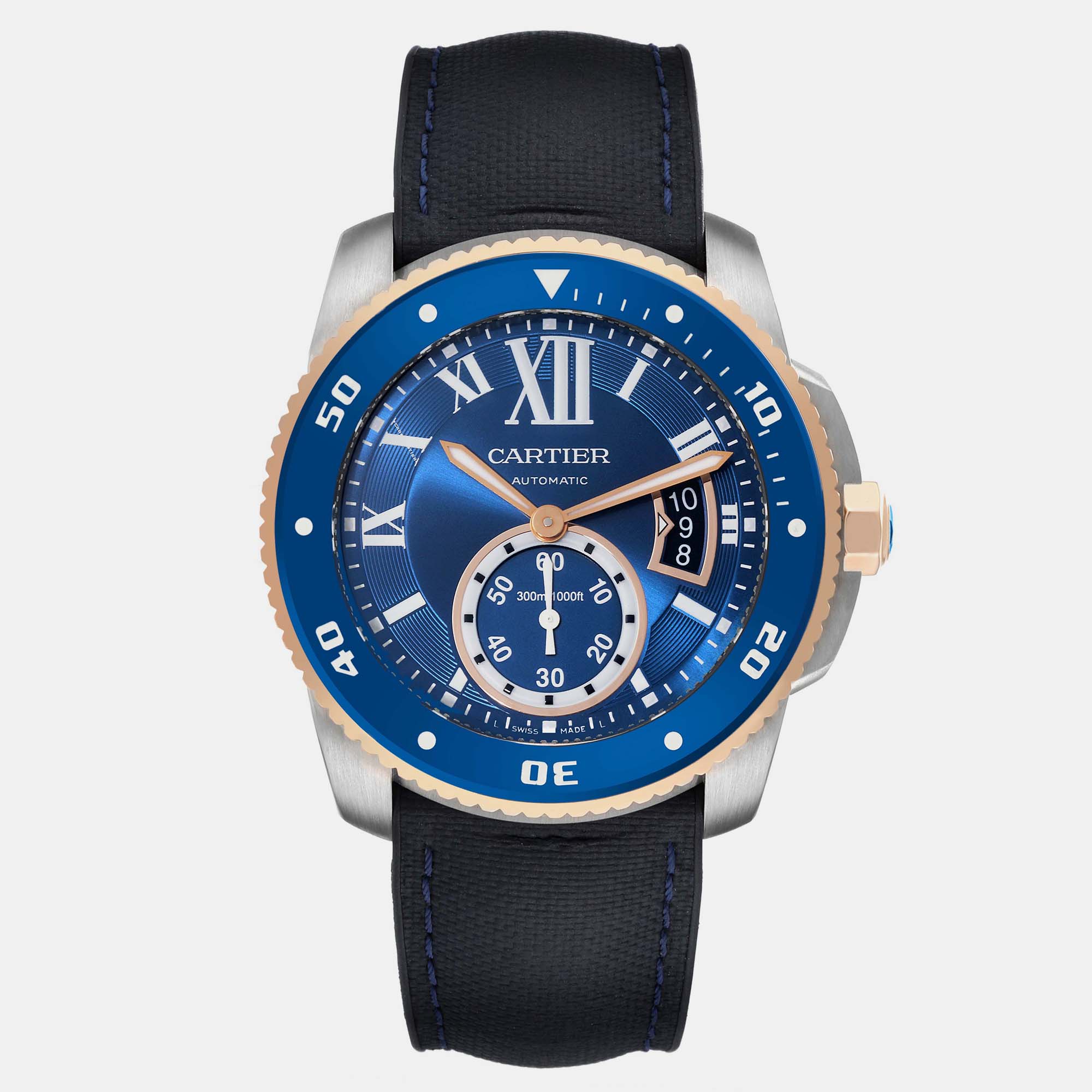 Pre-owned Cartier Calibre Diver Steel Rose Gold Blue Dial Mens Watch W2ca0008 42 Mm