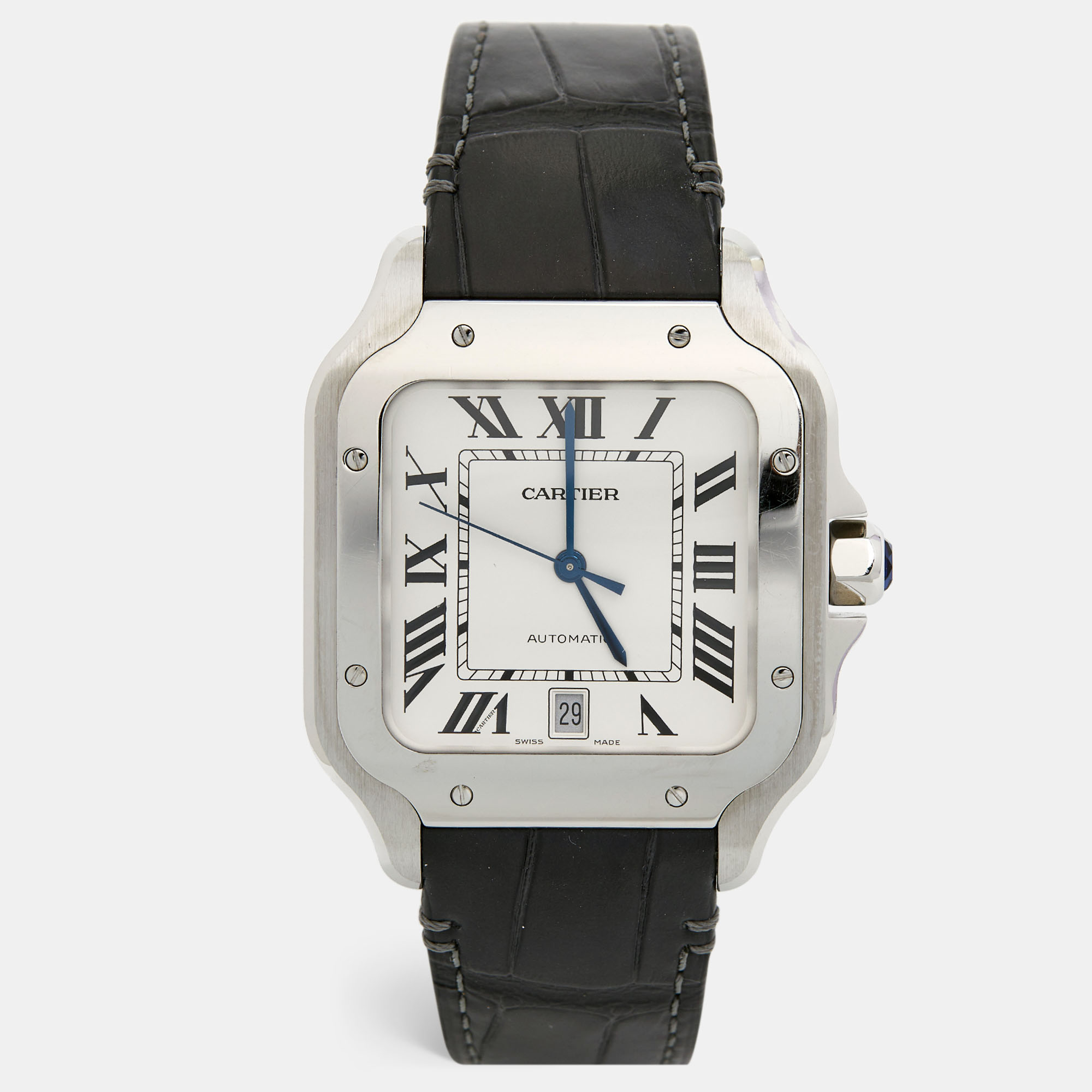Pre Owned Cartier Silver Stainless Steel Alligator Leather Santos 4072 Men's Wristwatch 39.8 mm
