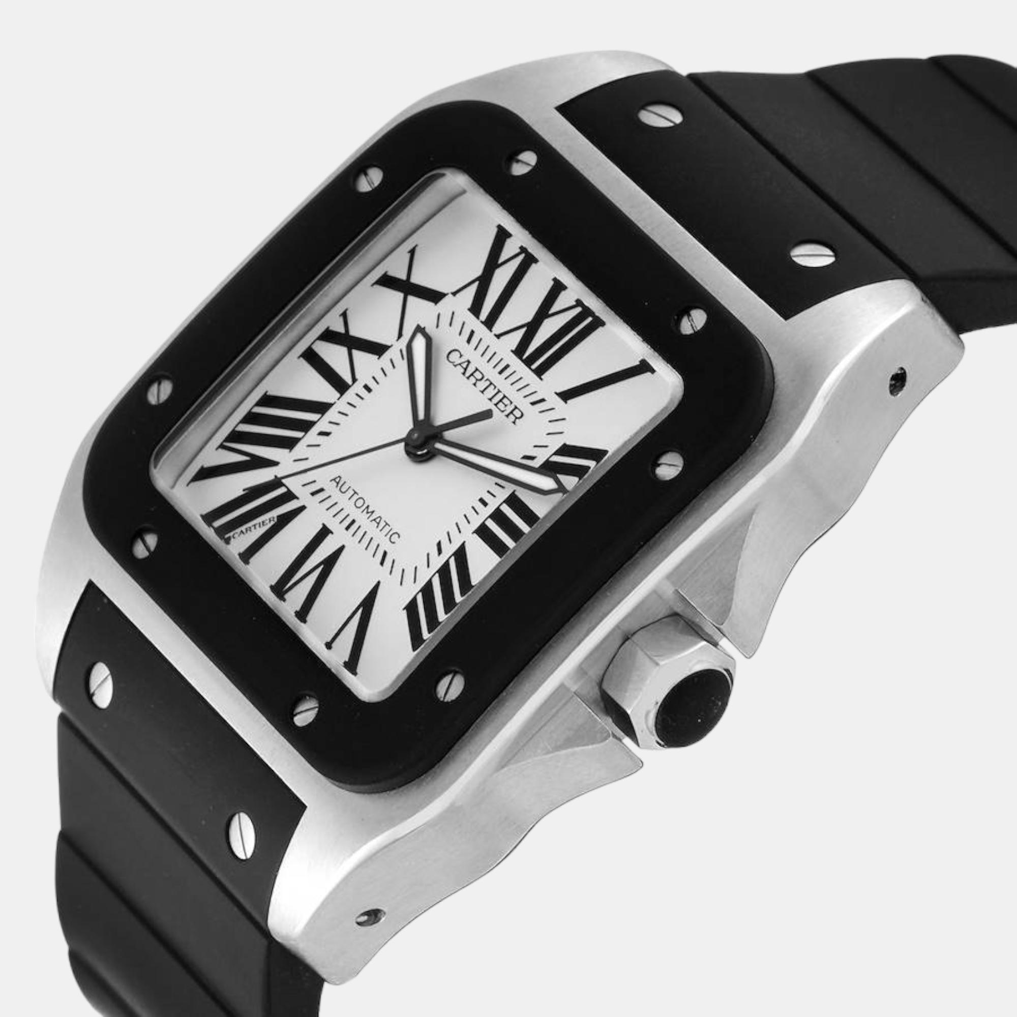 

Cartier Santos 100 Steel Black Rubber Strap Men's Watch W20121U2 38 mm, Silver
