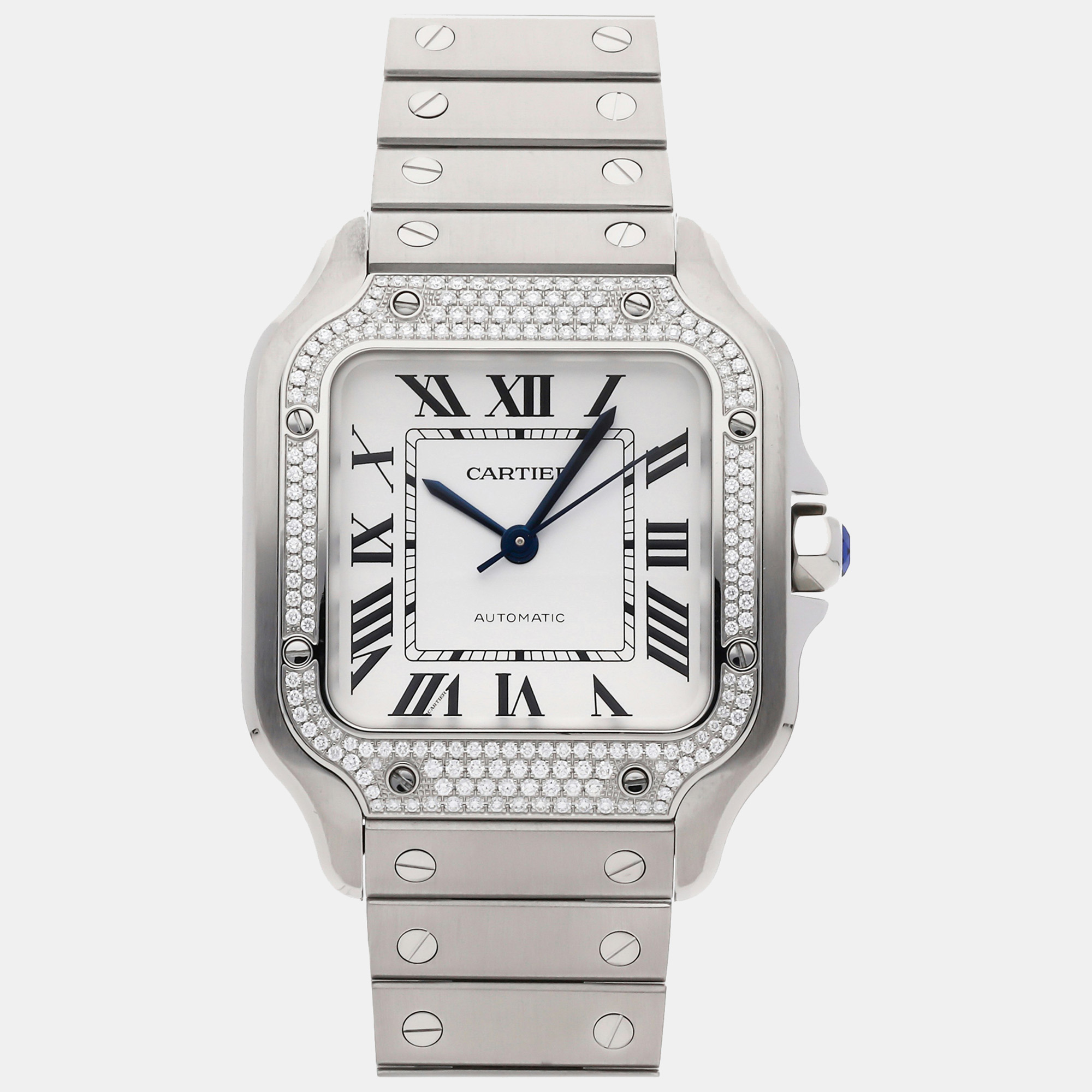 

Cartier Silver Diamond Stainless Steel Santos W4SA0005 Automatic Men's Wristwatch 35 mm