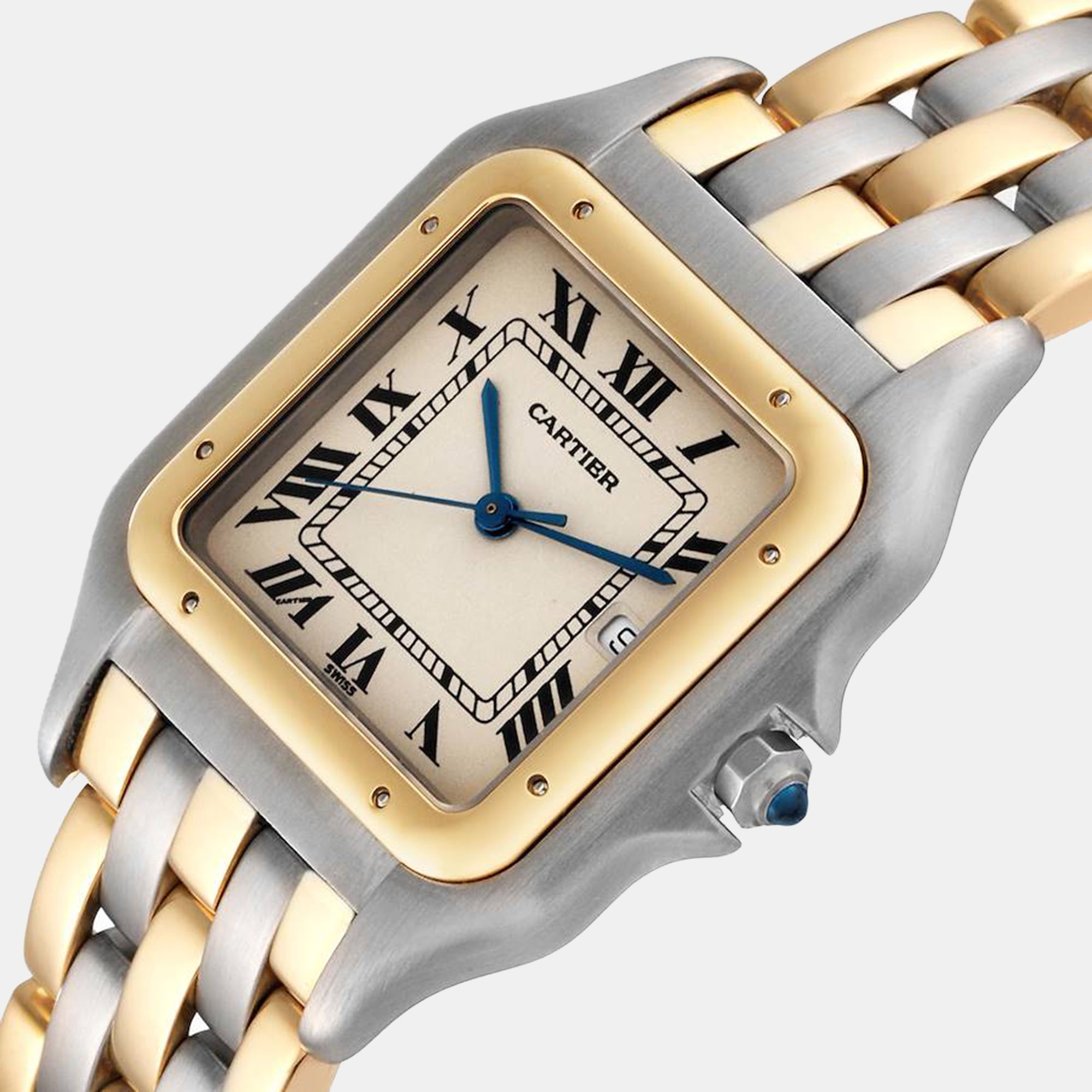 

Cartier Panthere Large Steel Yellow Gold Three Row Quartz Mens Watch 183957, Silver