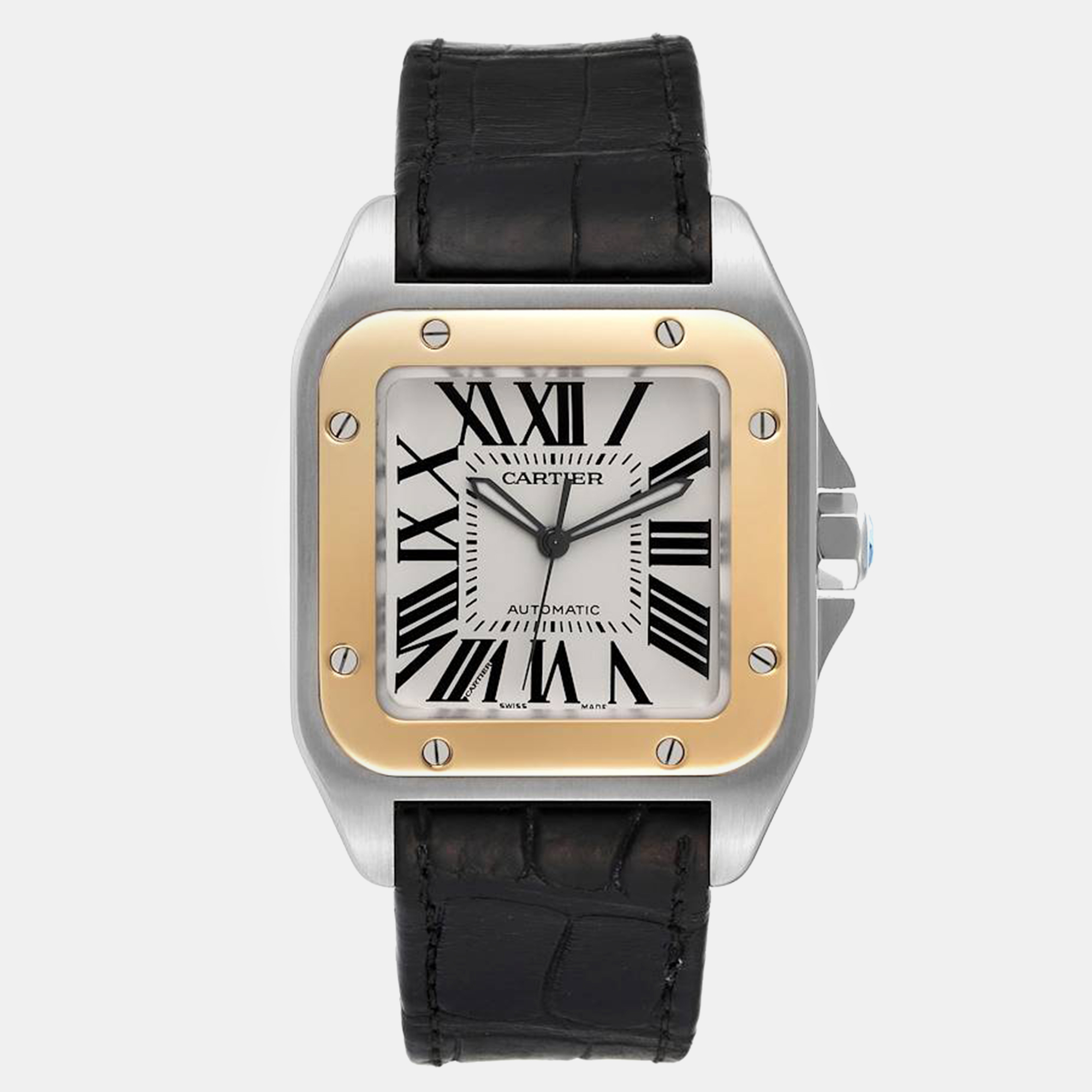 Pre-owned Cartier Santos 100 Steel Yellow Gold 38mm Silver Dial Men's Watch W20072x7 38 Mm