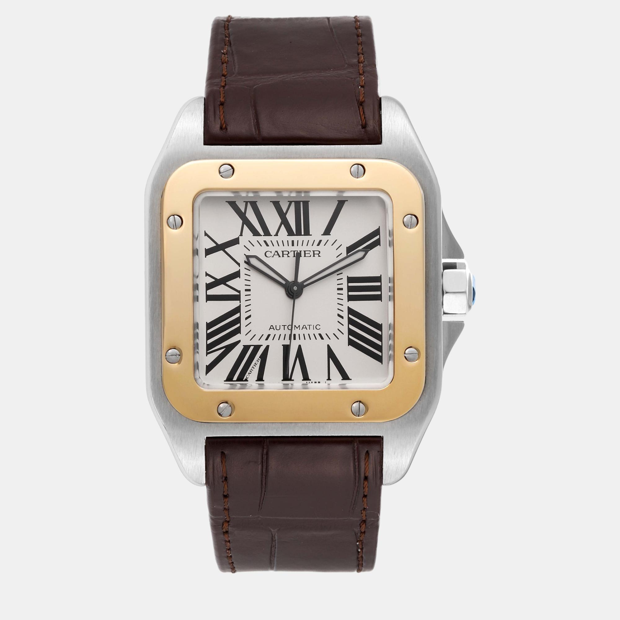 Pre-owned Cartier Santos 100 Steel Yellow Gold Silver Dial Men's Watch W20072x7 38 Mm