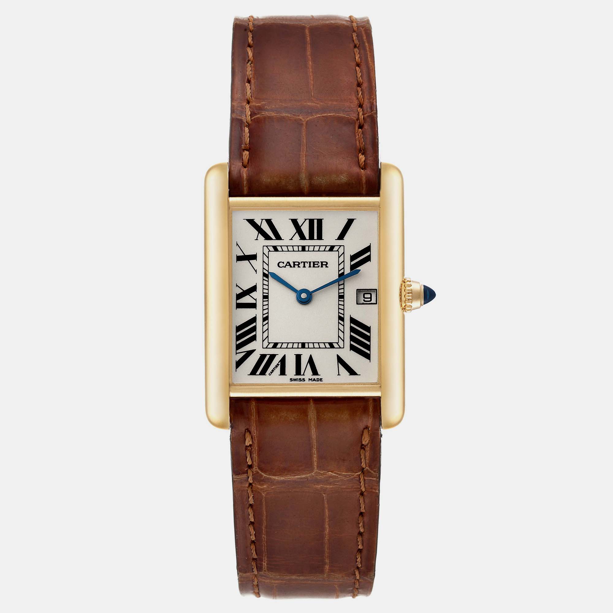 

Cartier Tank Louis Yellow Gold Brown Leather Strap Men's Watch, Silver