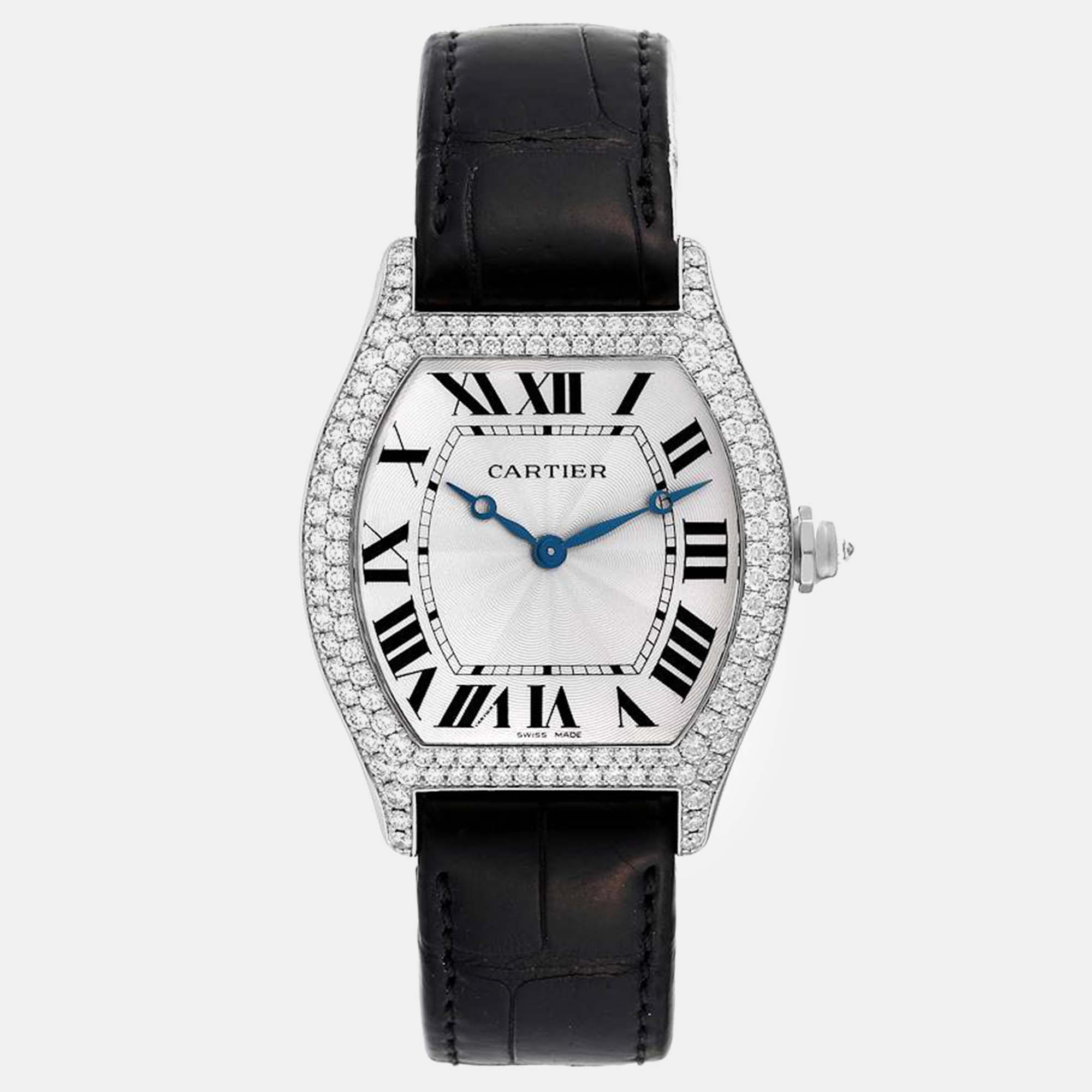 Pre-owned Cartier Tortue Large White Gold Diamond Men's Watch 34 Mm In Silver