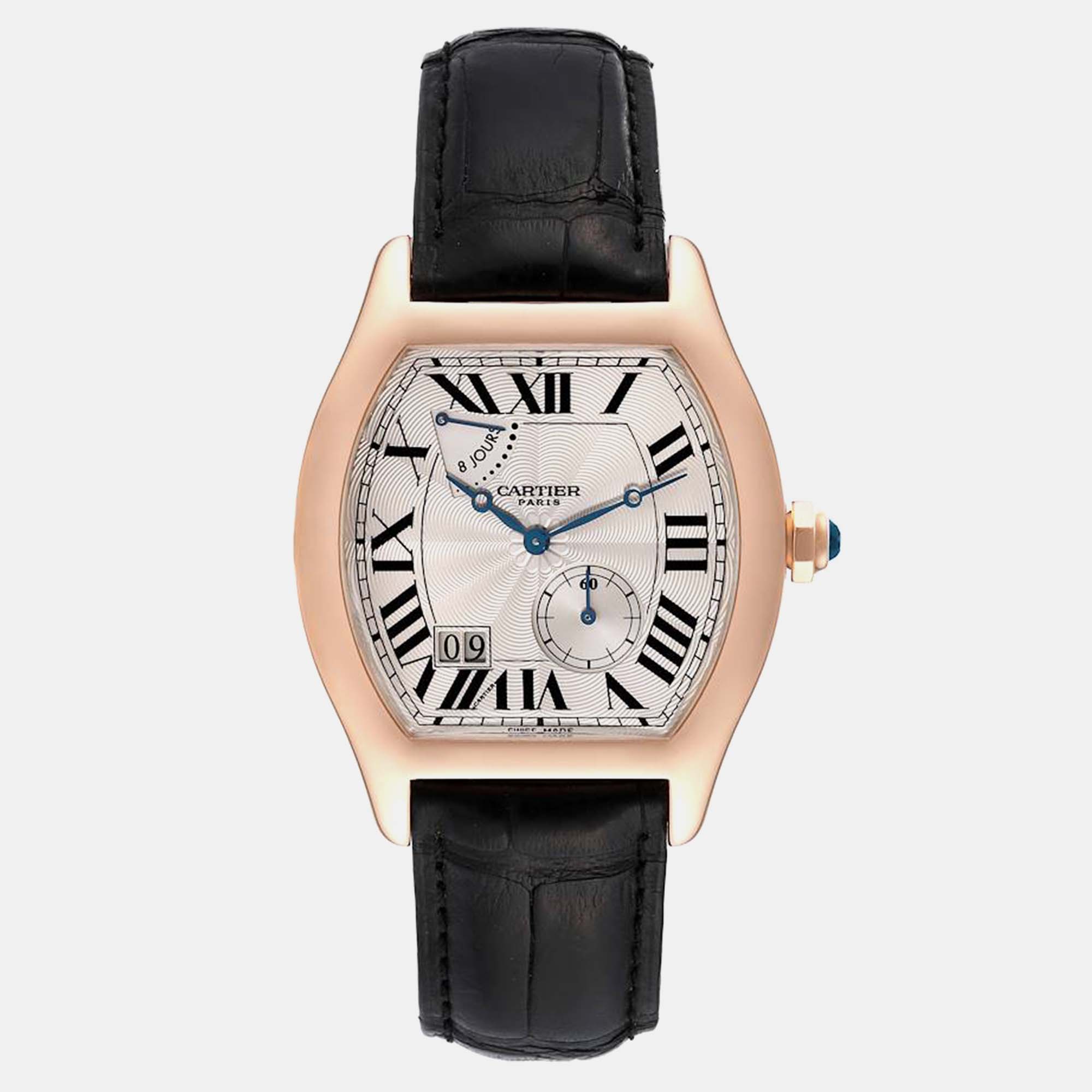 Pre-owned Cartier Tortue Privee Rose Gold 8 Day Power Reserve Men's Watch 38 Mm In Silver