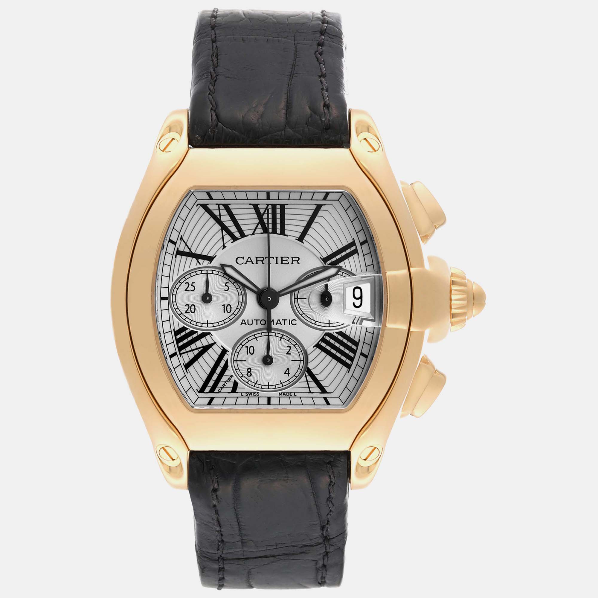 Pre-owned Cartier Roadster Chronograph Yellow Gold Black Strap Men's Watch 43 Mm In Silver