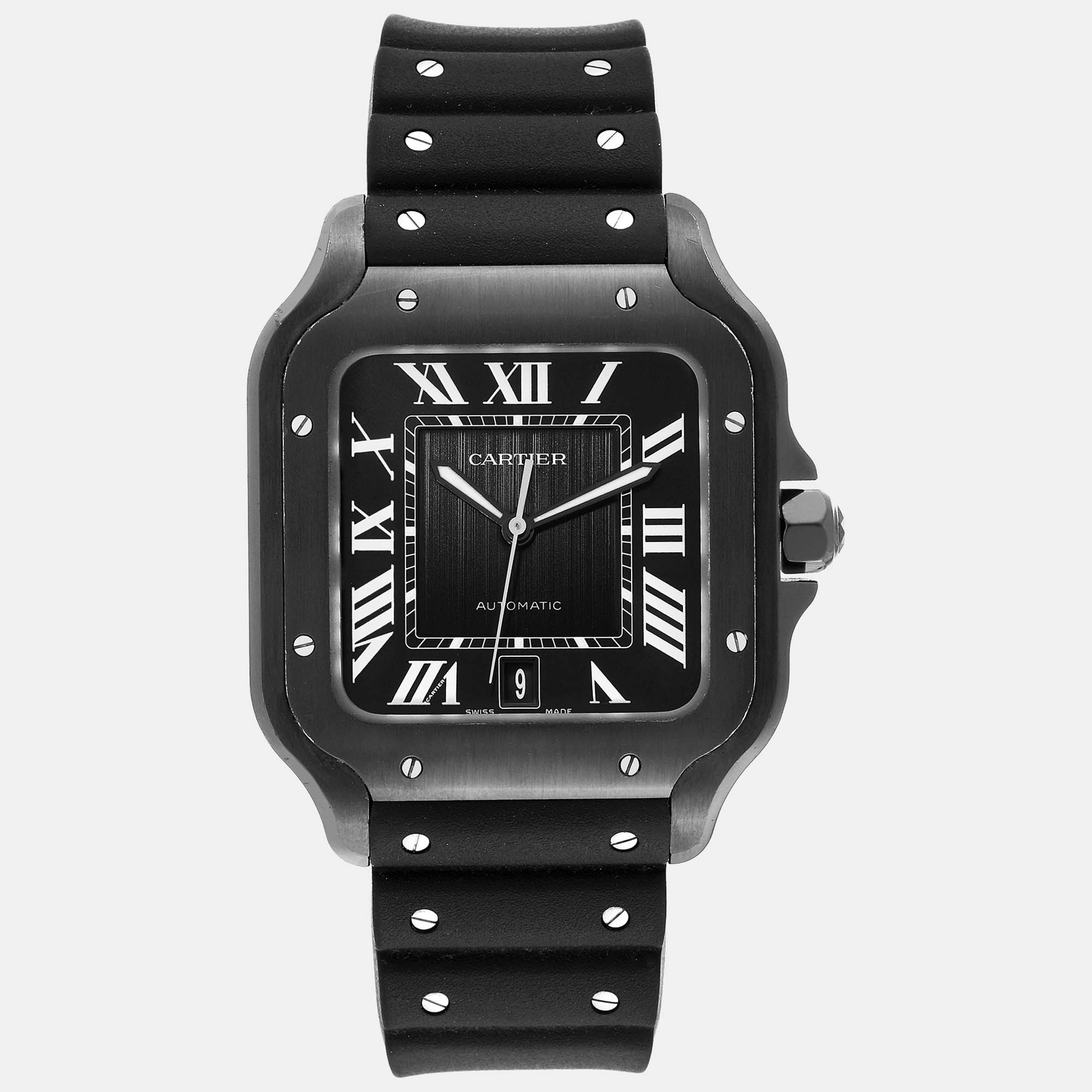 Pre-owned Cartier Santos Black Dial Rubber Strap Steel Men's Watch 40 Mm