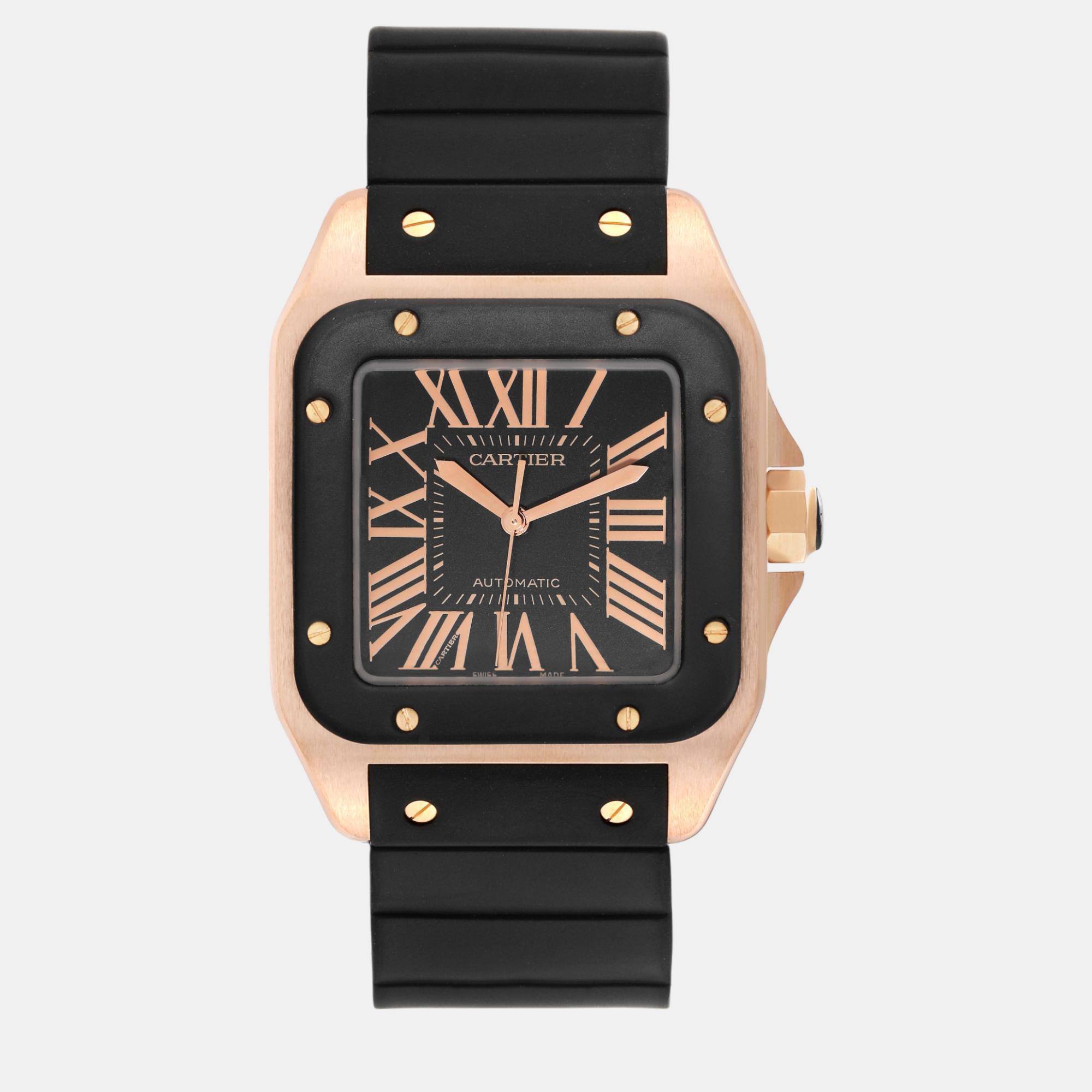 Pre-owned Cartier Santos 100 Rose Gold Black Dial Men's Watch 38 Mm