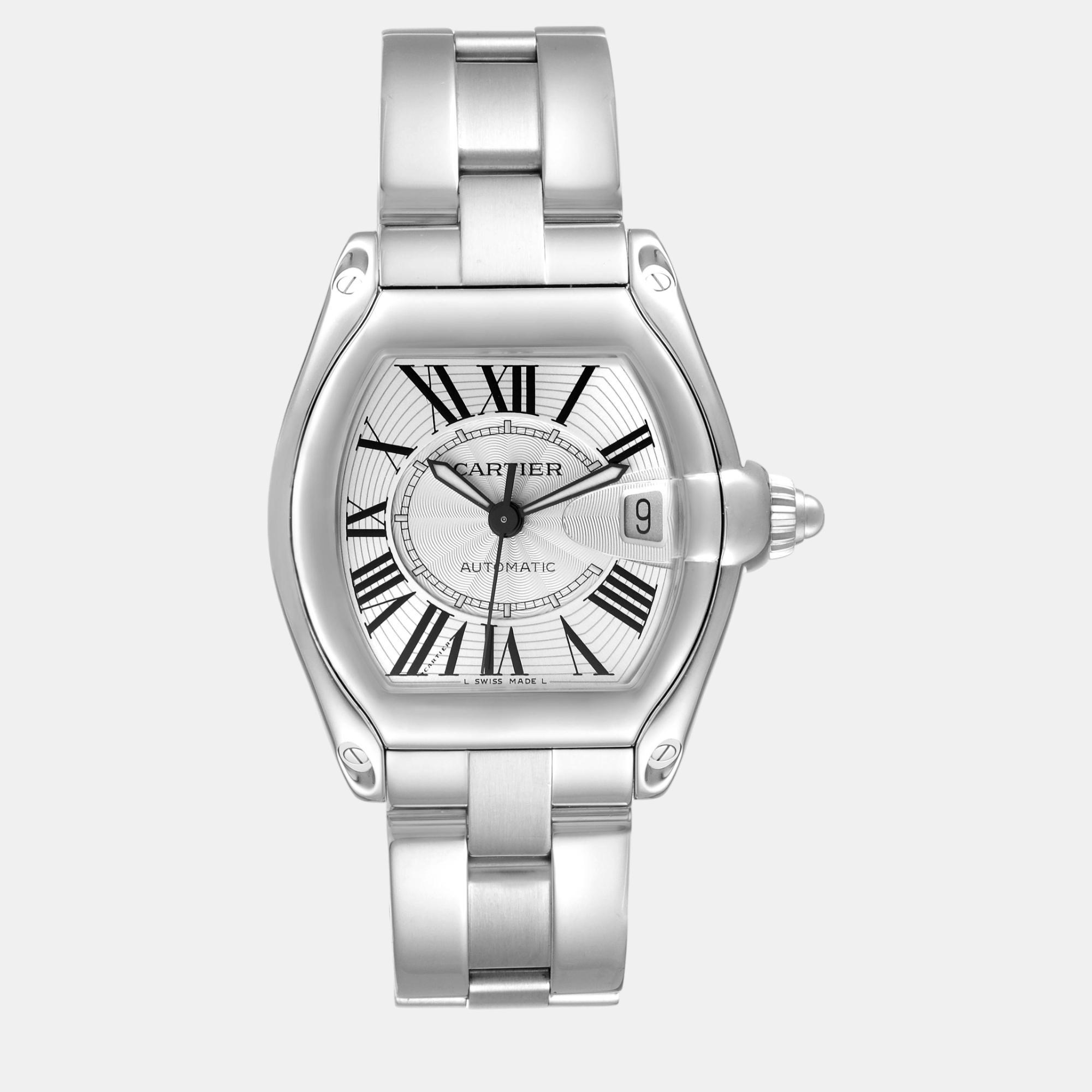 Pre-owned Cartier Roadster Large Silver Dial Steel Men's Watch 38 Mm