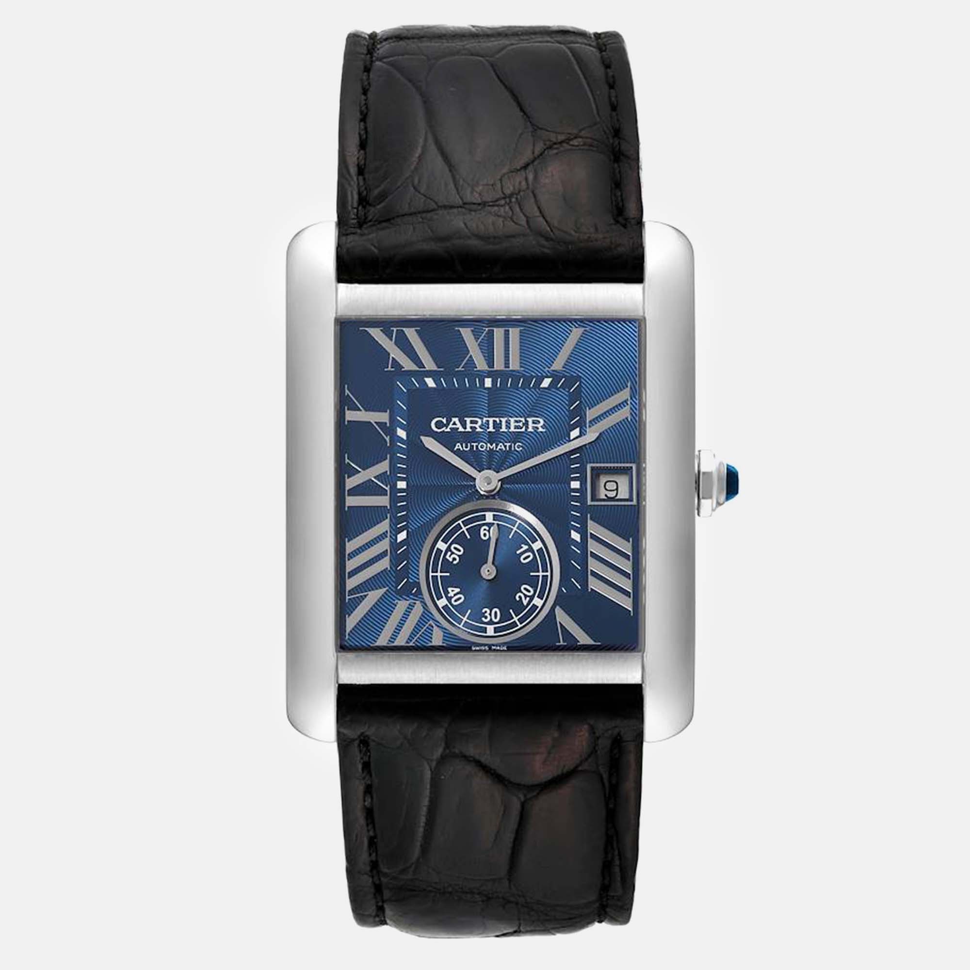 Pre-owned Cartier Tank Mc Blue Dial Automatic Steel Men's Watch 34.3 Mm