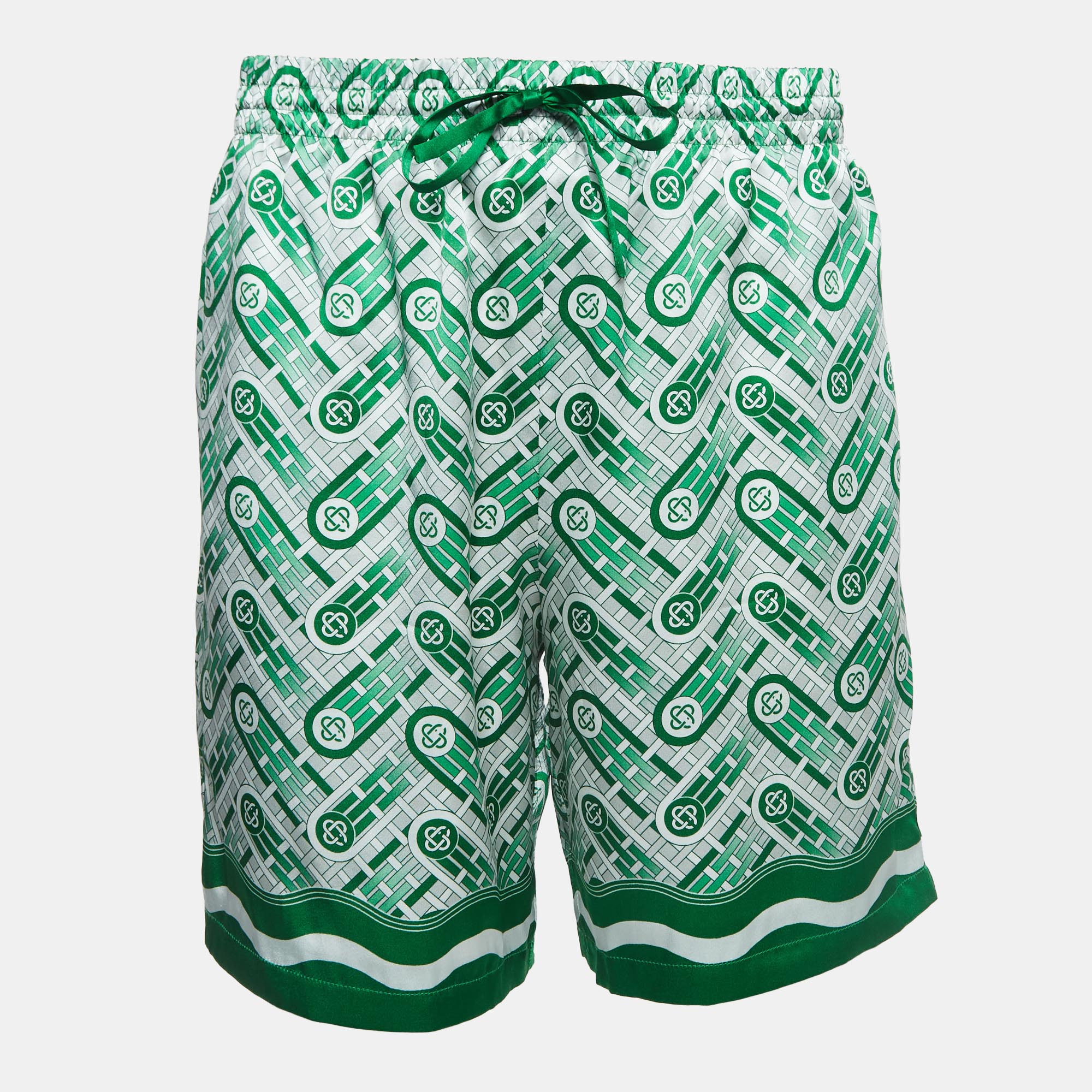 

Casablanca Tennis Club Green Monogram Print Silk Shorts