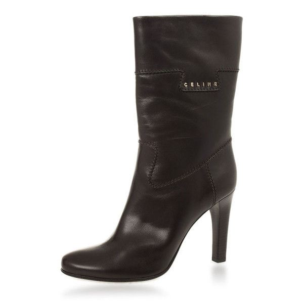 Pre Owned Celine Dark Brown Leather Logo Boots Size 40