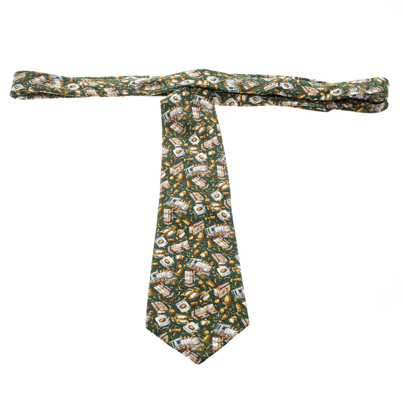 Pre-owned Celine Céline Green Printed Traditional Silk Tie