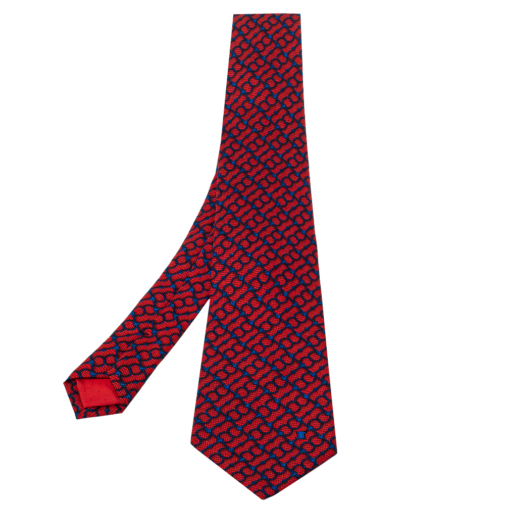 Celine Red & Navy Blue Chain Printed Silk Classic Tie