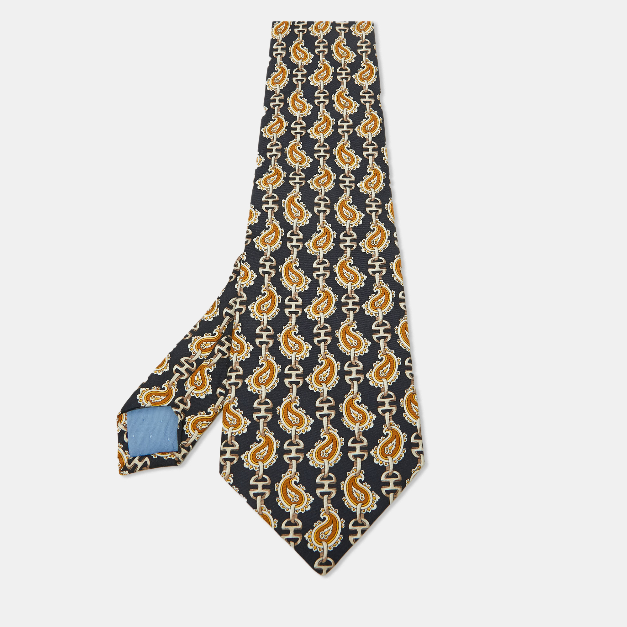 Pre-owned Celine Vintage Navy Blue Chain Print Silk Traditonal Tie