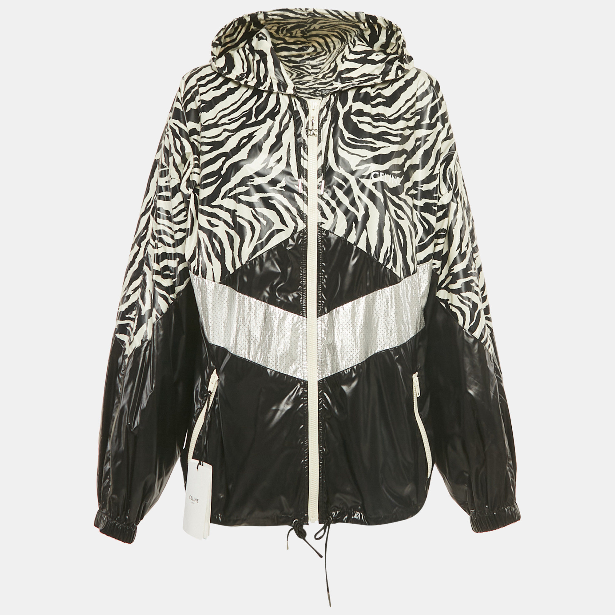 

Celine Black Black /White Zebra Print Nylon Loose Cut Hooded Jacket XL