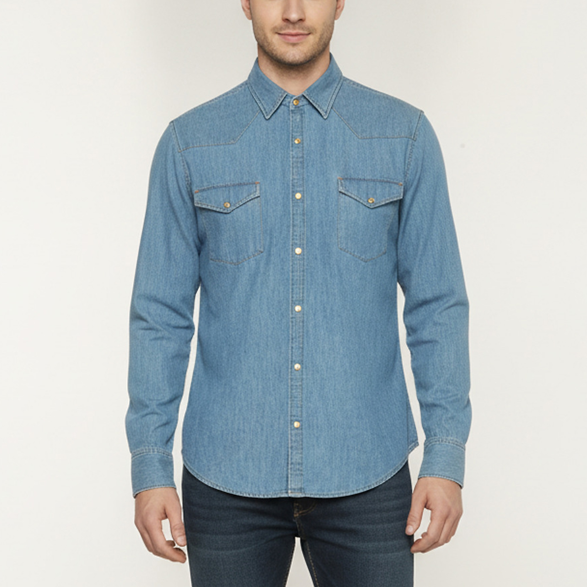 Celine Blue Chambray Button-Down Western Shirt L
