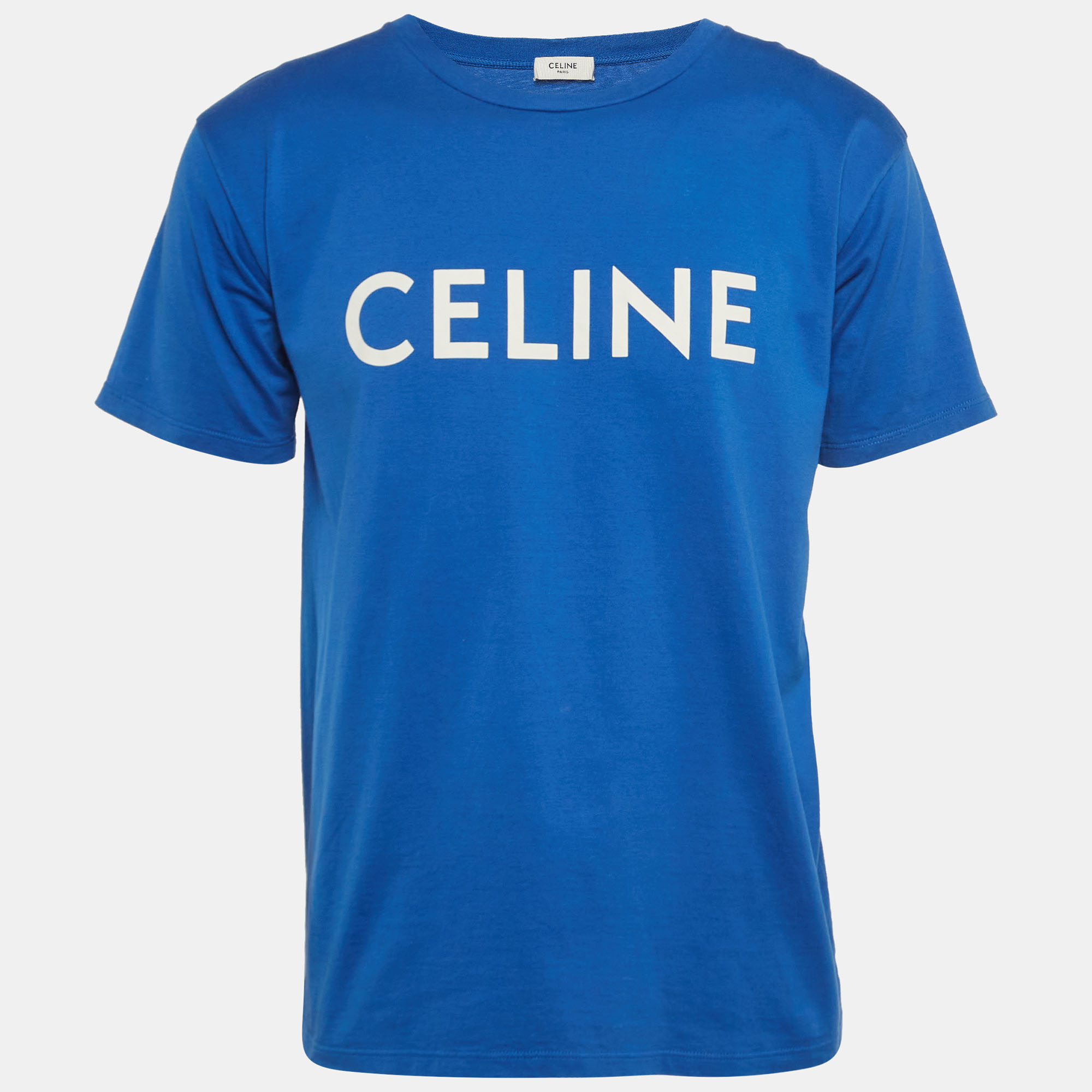 Pre-owned Celine Blue Logo Printed Cotton Knit Crew Neck T-shirt Xs