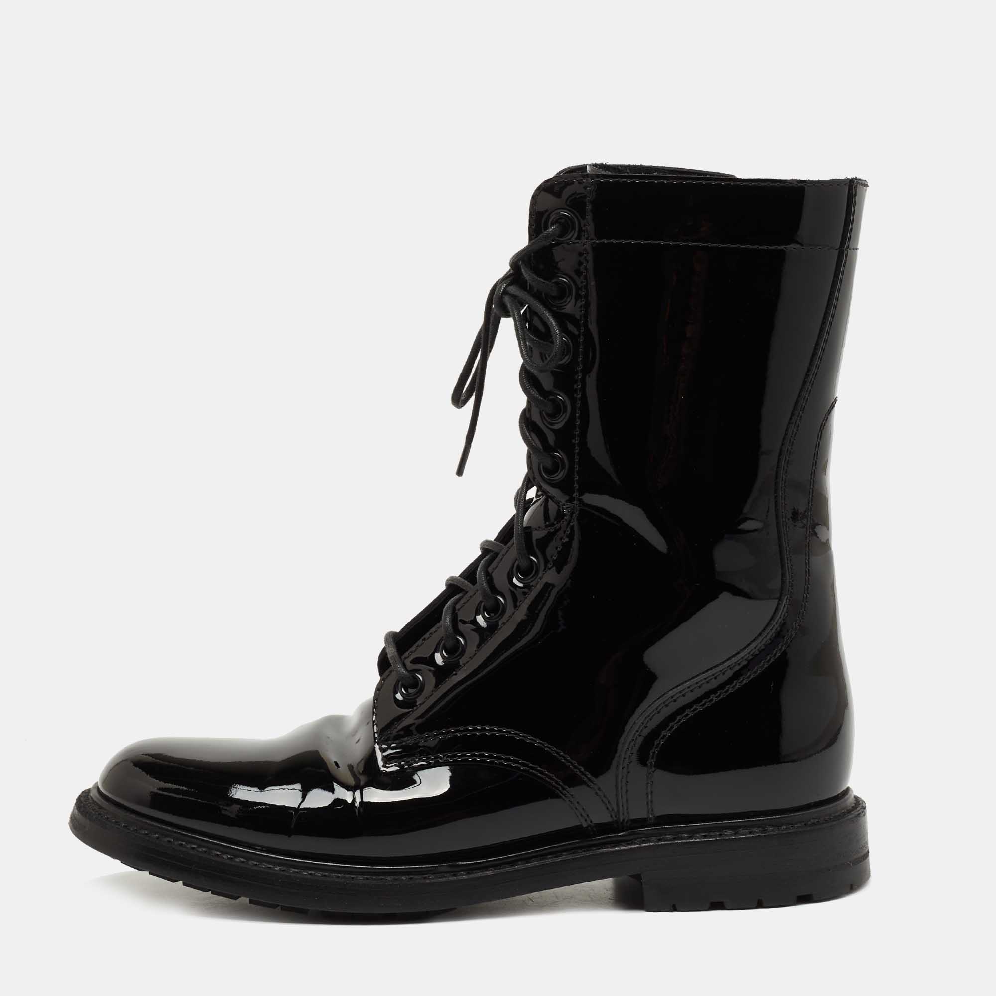 Celine Black Patent Leather Combat Boots Size 38