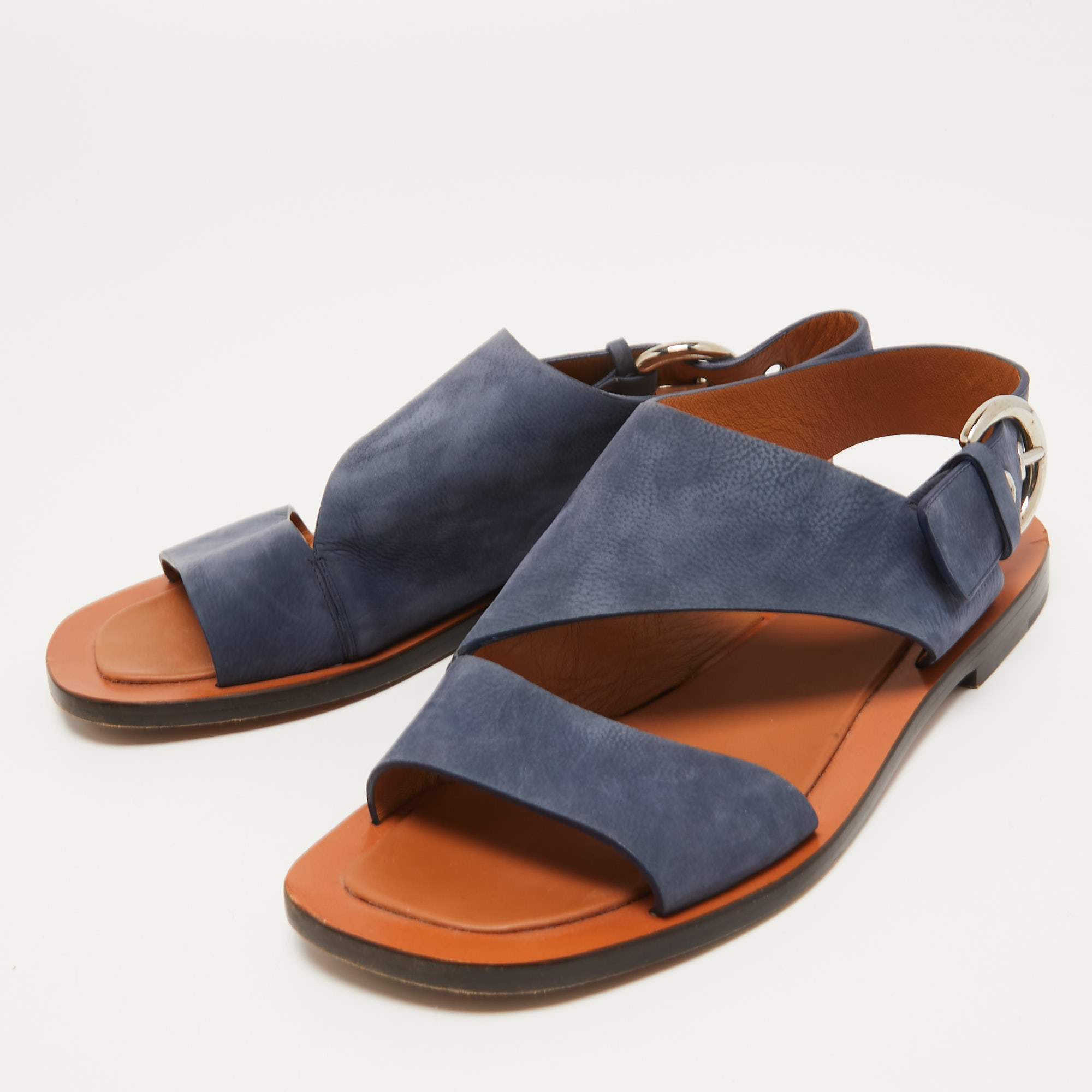 

Celine Blue Nubuck Leather Buckle Slingback Flat Sandals Size