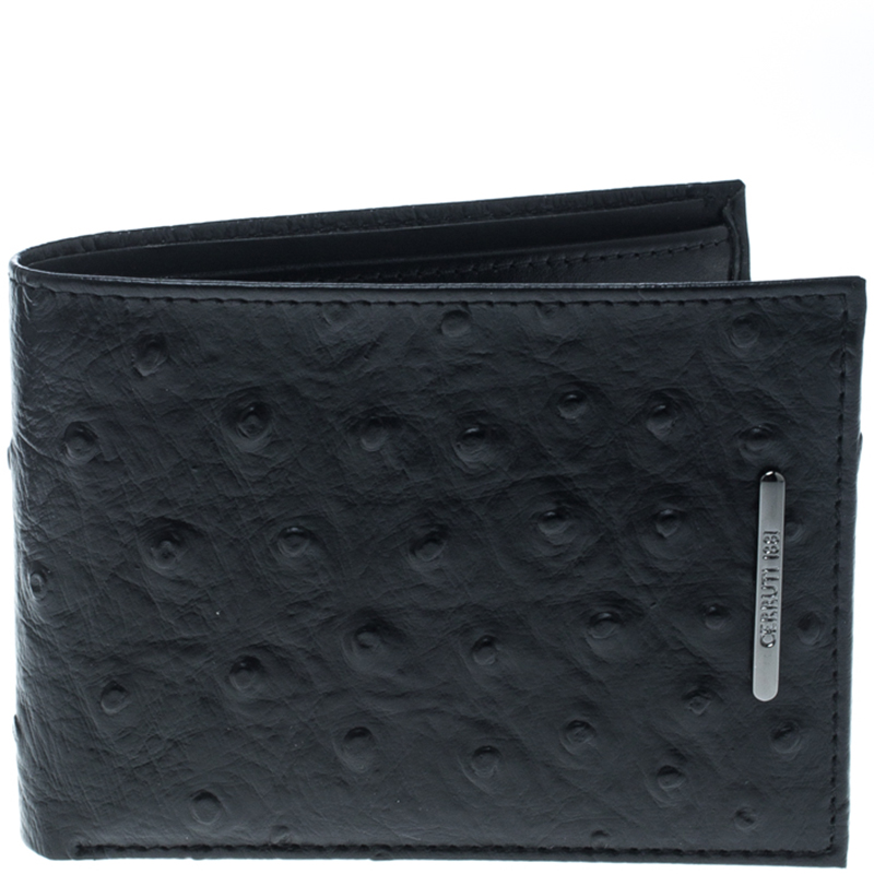Pre Owned Cerruti 1881 Black Ostrich Embossed Leather Mayfair Bifold Wallet