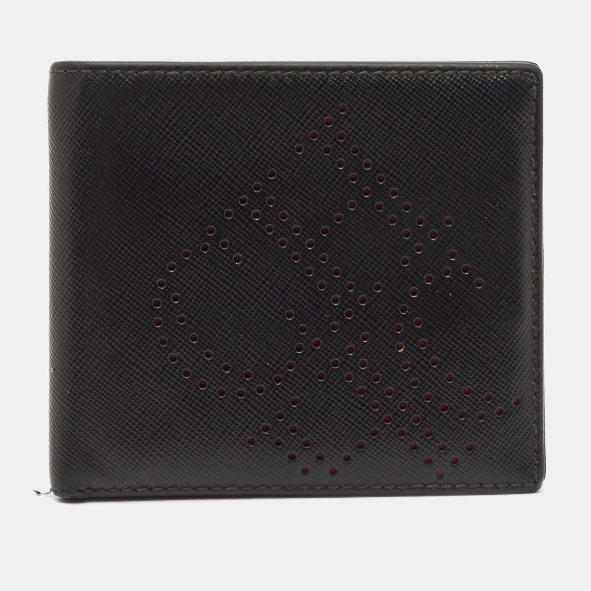 Pre-owned Ch Carolina Herrera Black Leather Perforated Logo Bifold Wallet