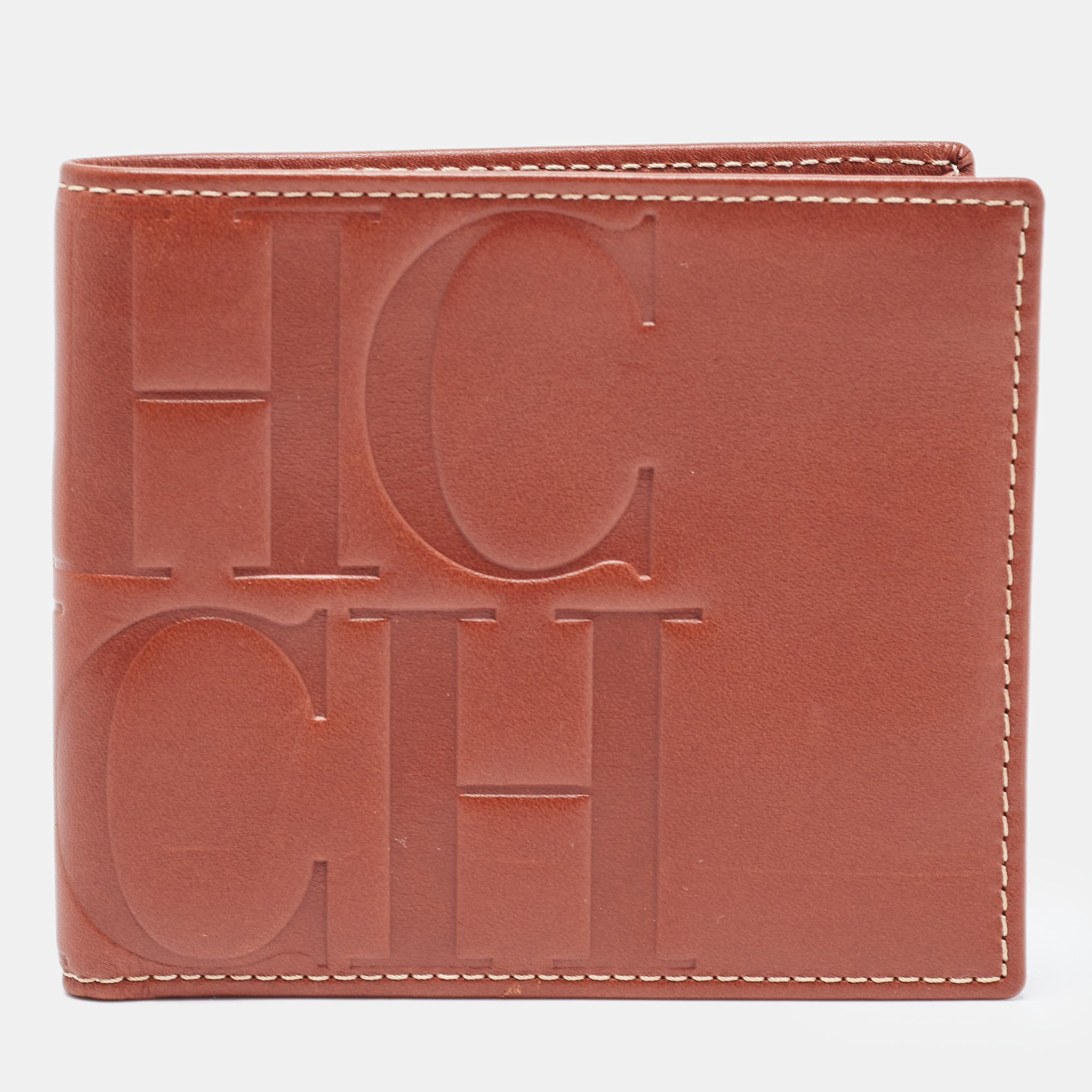 Pre-owned Ch Carolina Herrera Tan Monogram Embossed Leather Bifold Wallet