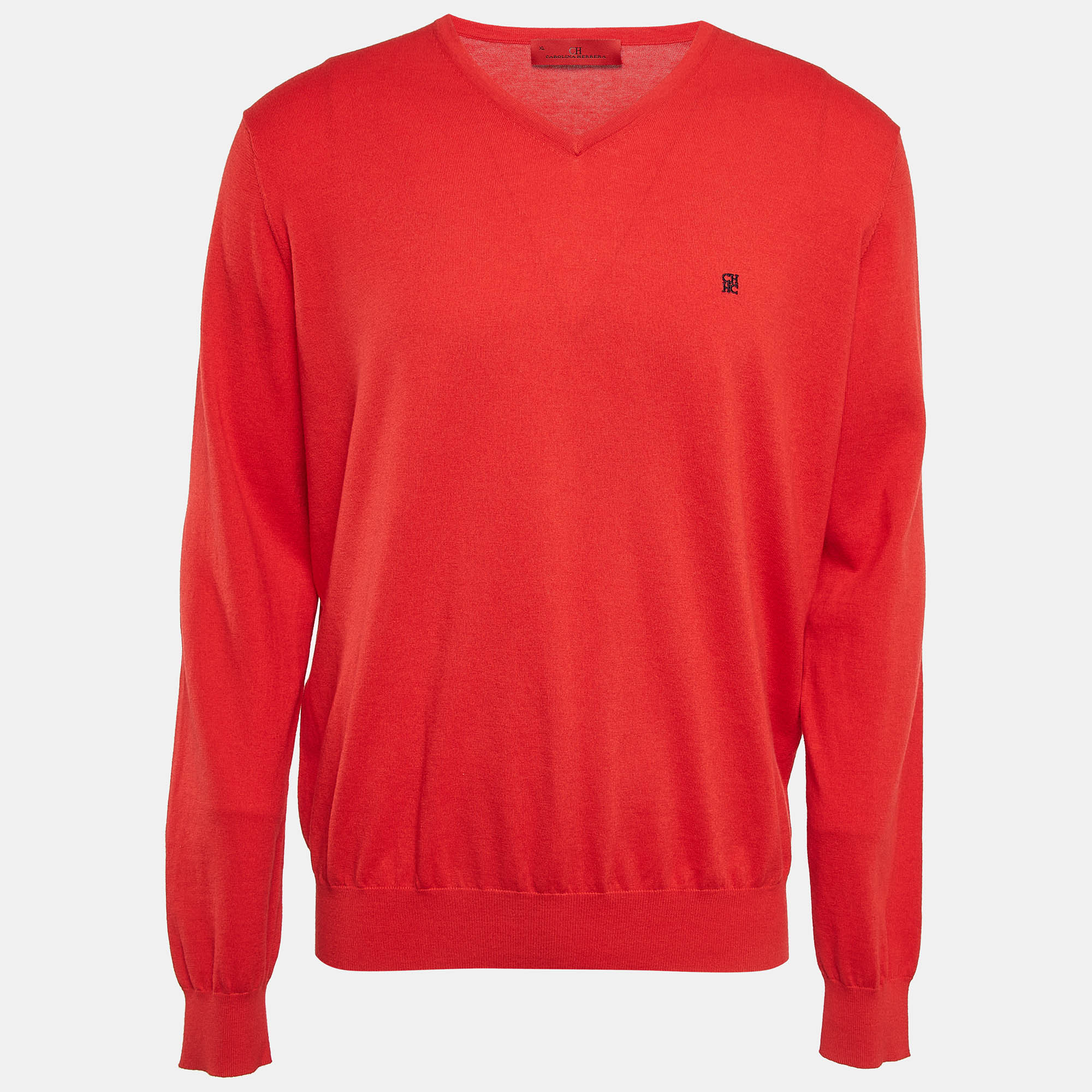 

CH Carolina Herrera Red Wool Knit V-Neck Sweater XL