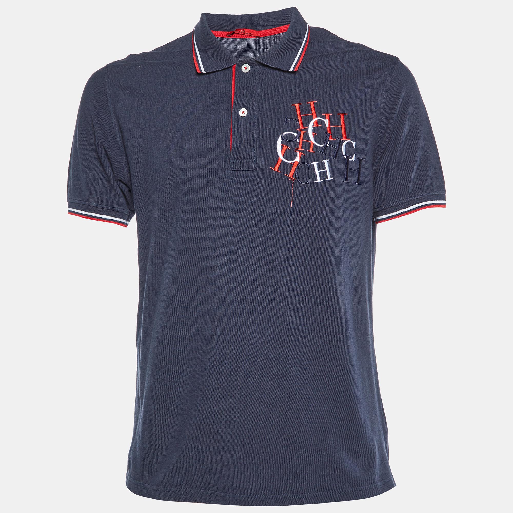 

CH Carolina Herrera Navy Blue Logo Embroidered Cotton Polo T-Shirt L