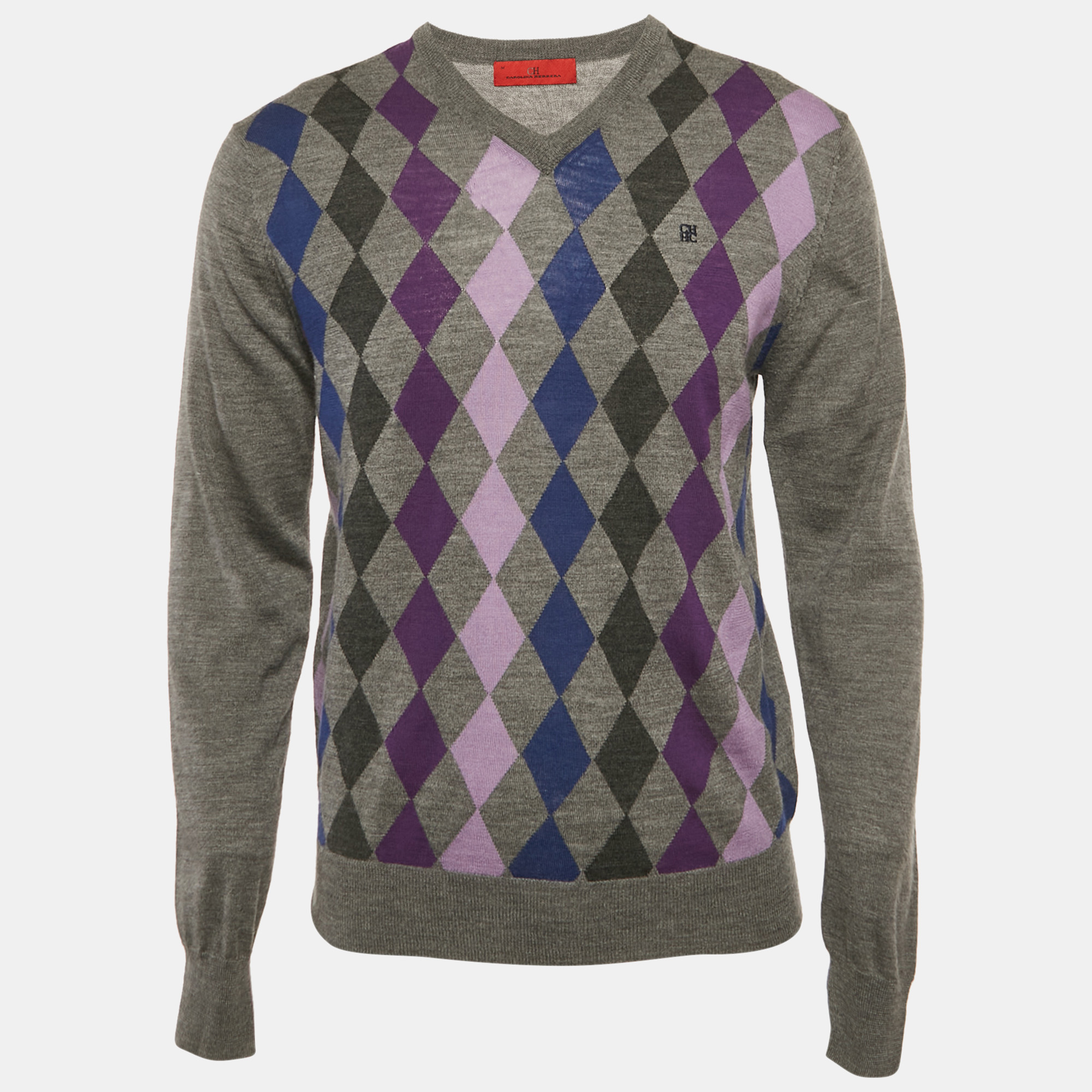 

CH Carolina Herrera Grey Argyle Wool V-Neck Sweater M