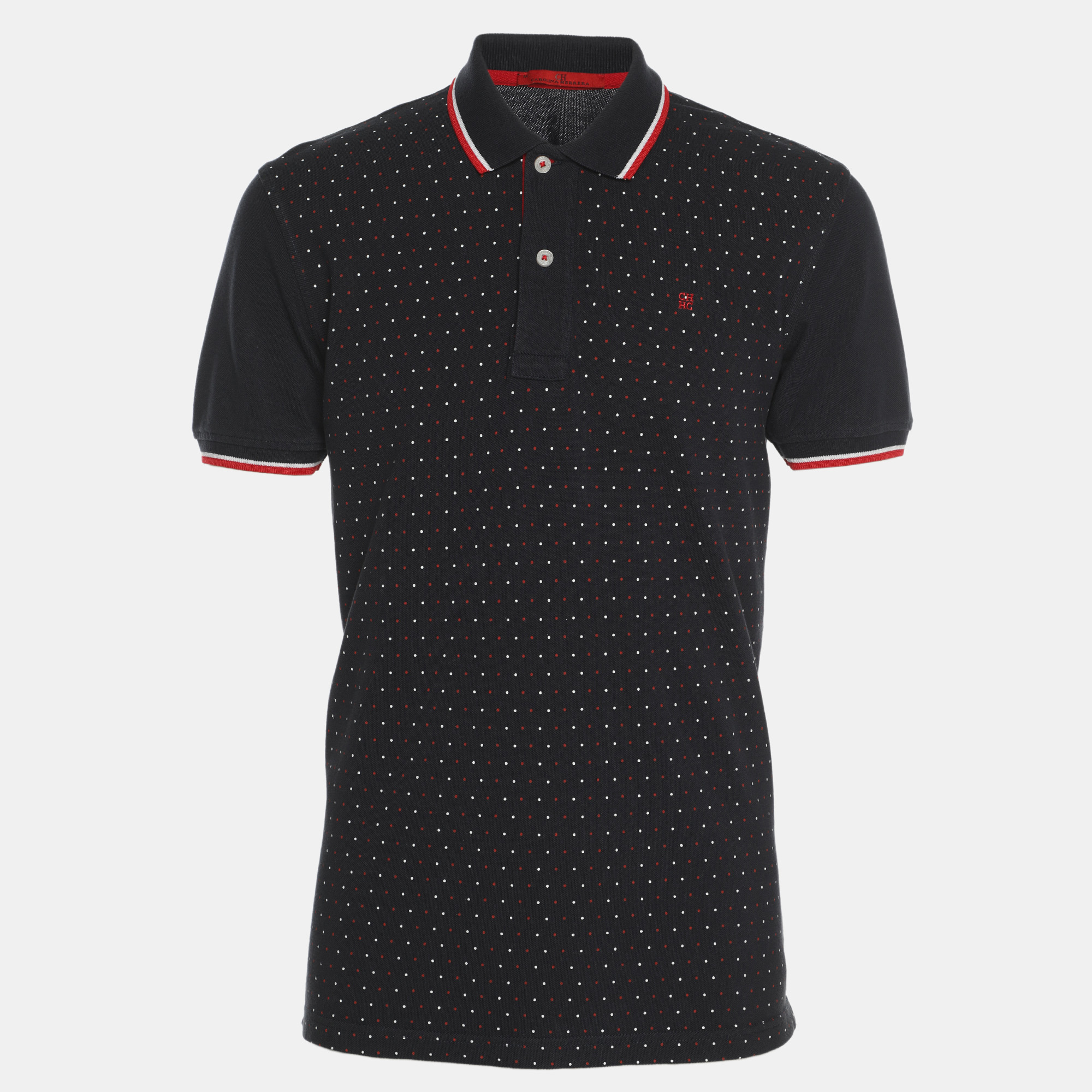 

CH Carolina Herrera Navy Blue Dotted Print Jersey Polo T-Shirt