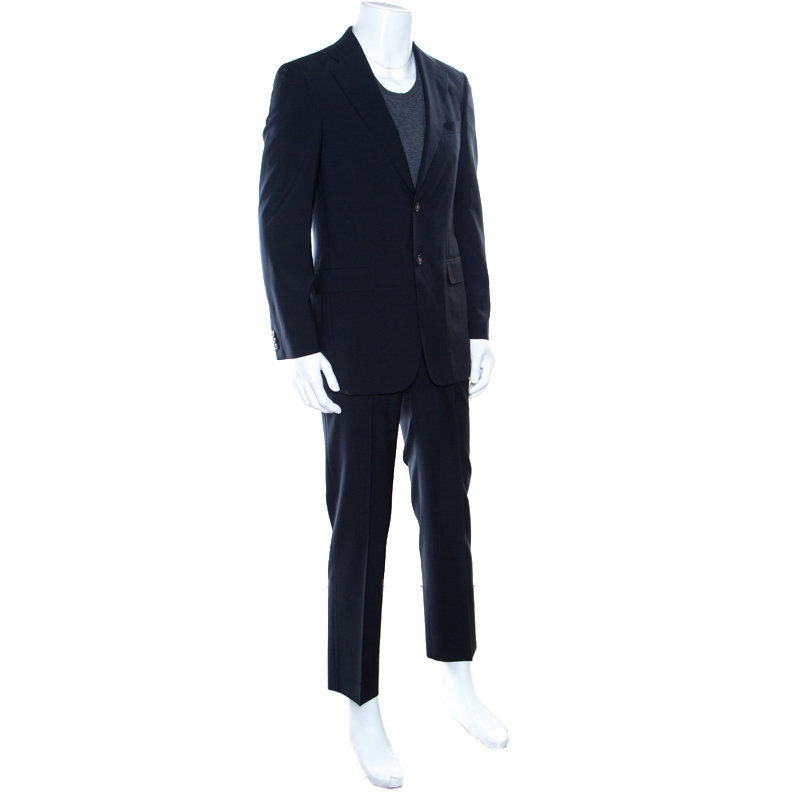 

CH Carolina Herrera Navy Blue Wool Contrast Lined Tailored Suit