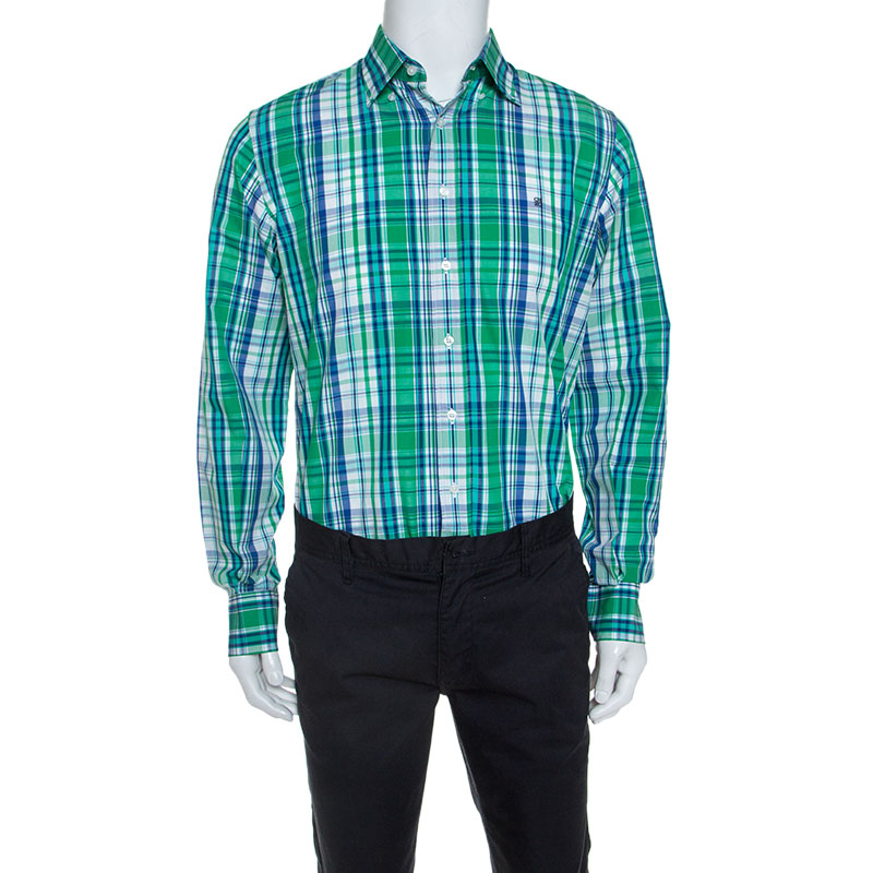 Pre Owned CH Carolina Herrera Green and Blue Cotton Madras Check Shirt L